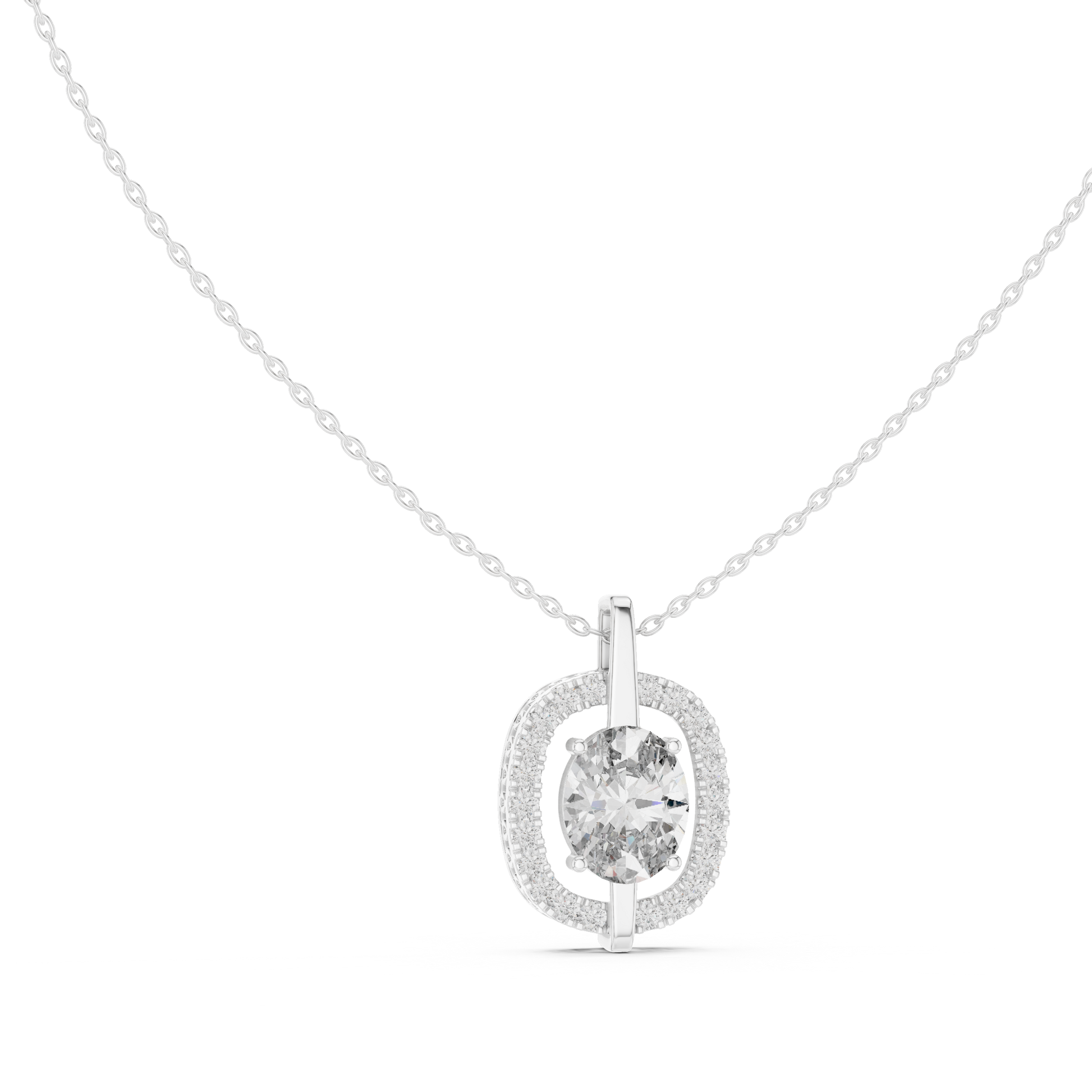 pendant features a magnificent Oval-cut diamond suspended within a delicate open-frame halo of round accent stones