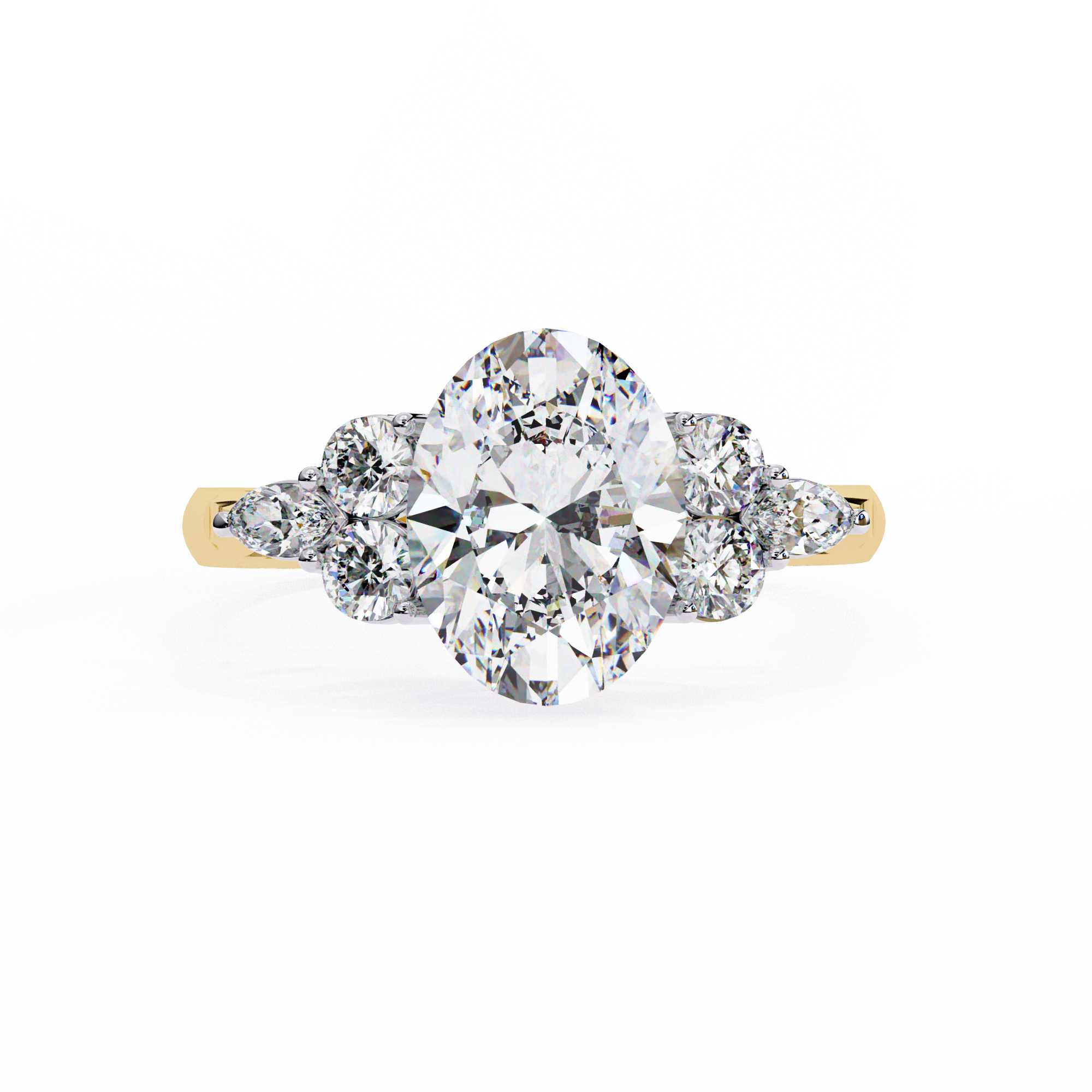 ring showcases a commanding Oval centre flanked by an elite arrangement of Round and Marquise-cut diamonds