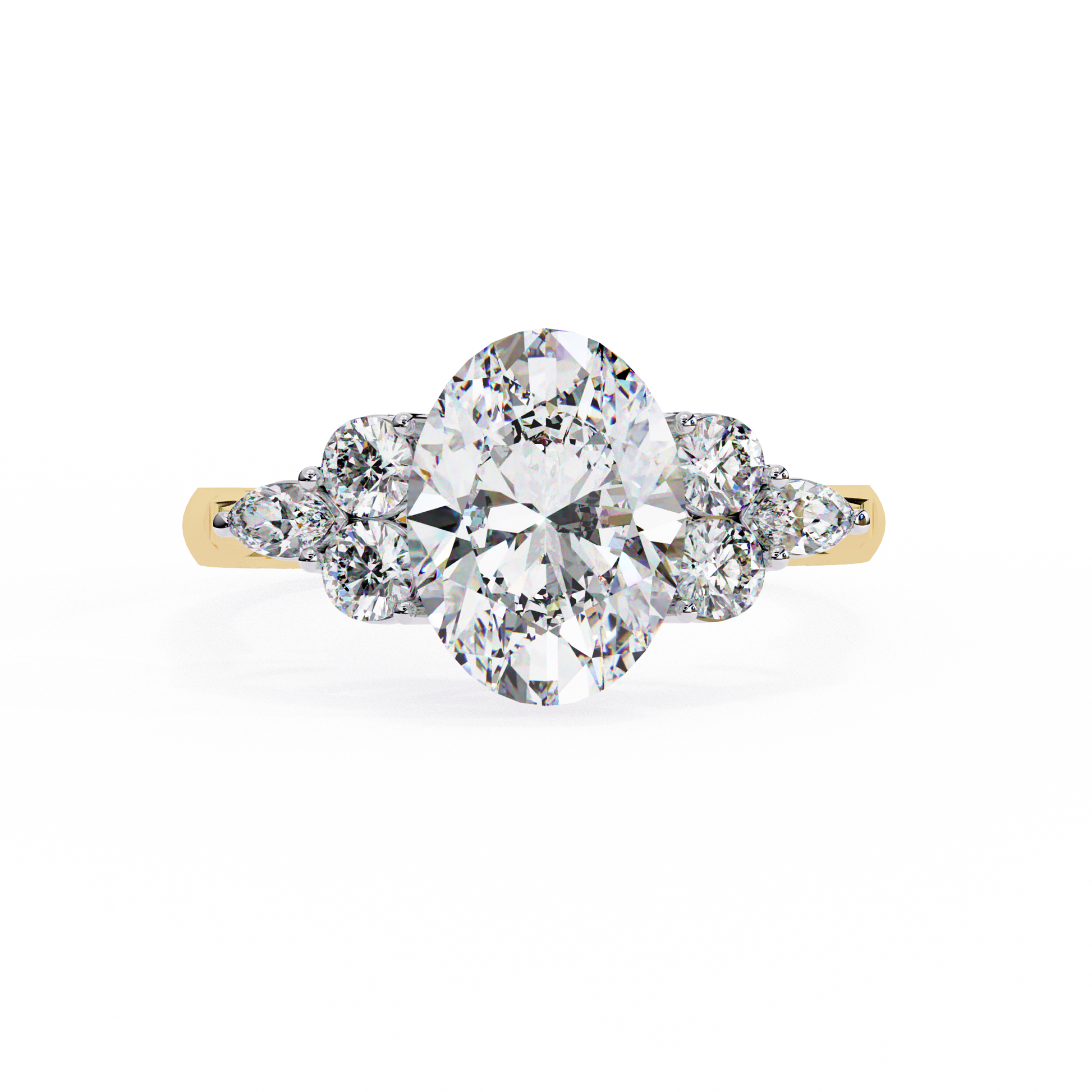 ring showcases a commanding Oval centre flanked by an elite arrangement of Round and Marquise-cut diamonds