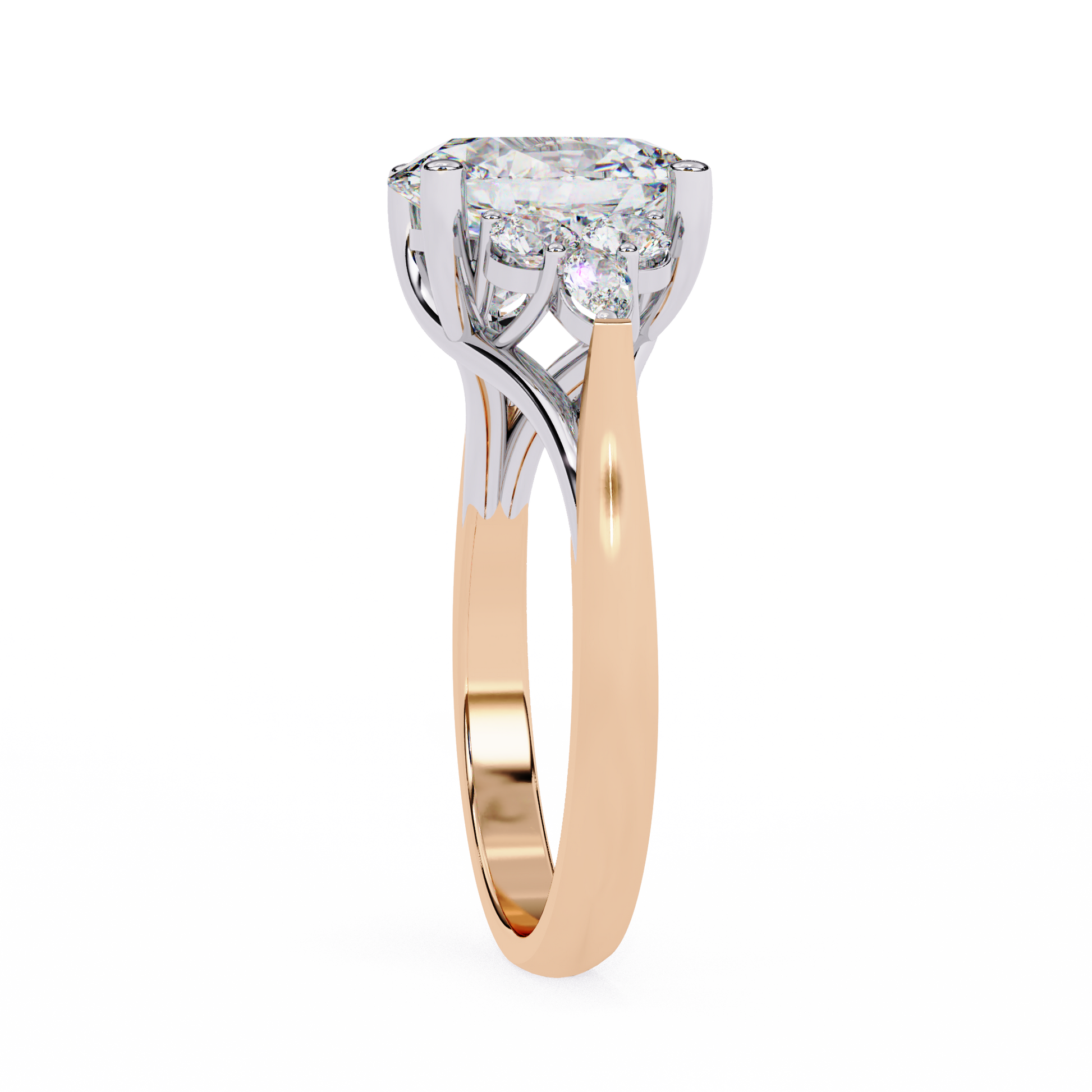 ring showcases a commanding Oval centre flanked by an elite arrangement of Round and Marquise-cut diamonds