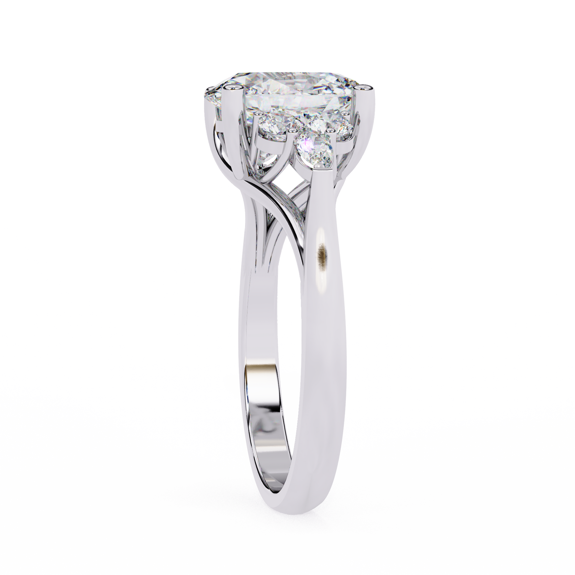 ring showcases a commanding Oval centre flanked by an elite arrangement of Round and Marquise-cut diamonds