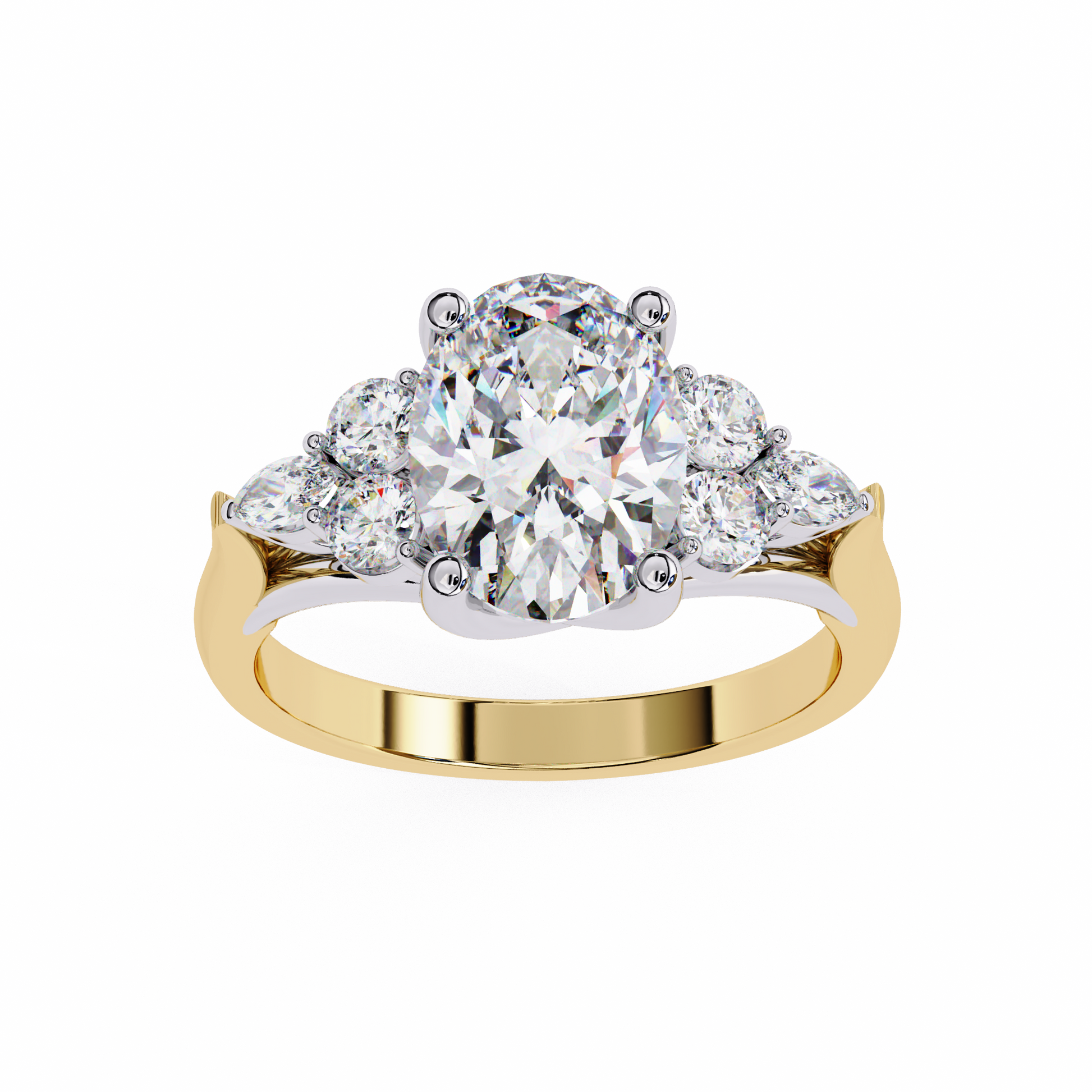 ring showcases a commanding Oval centre flanked by an elite arrangement of Round and Marquise-cut diamonds