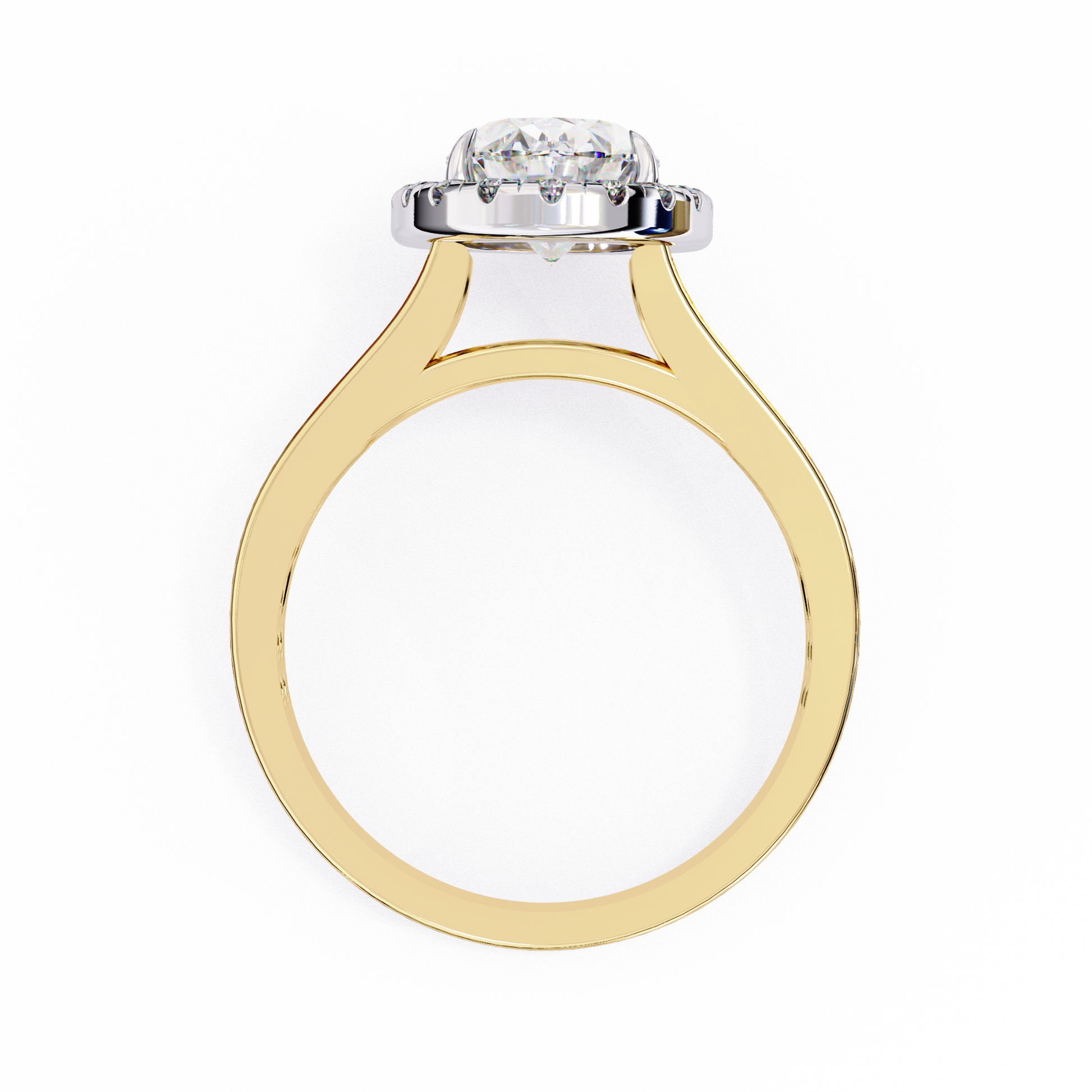 ring showcases a spectacular Oval Diamond encircled by a shimmering halo