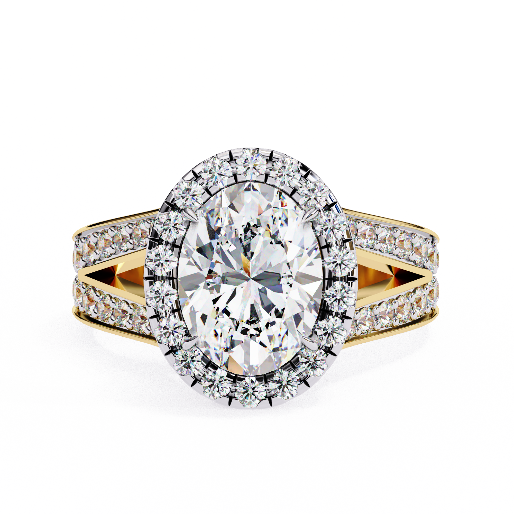 ring showcases a spectacular Oval Diamond encircled by a shimmering halo