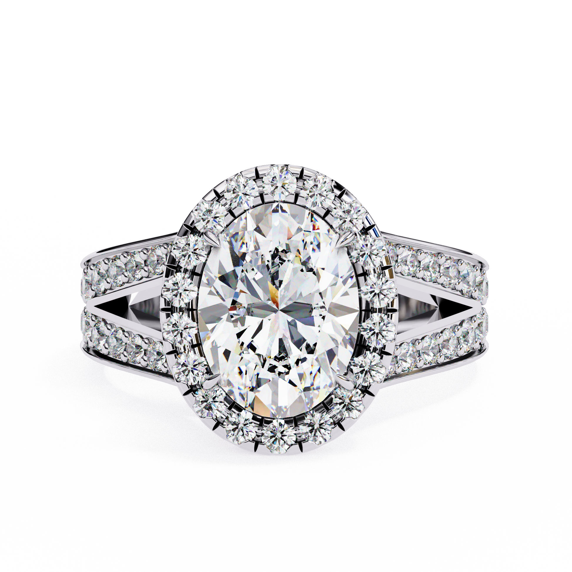 ring showcases a spectacular Oval Diamond encircled by a shimmering halo