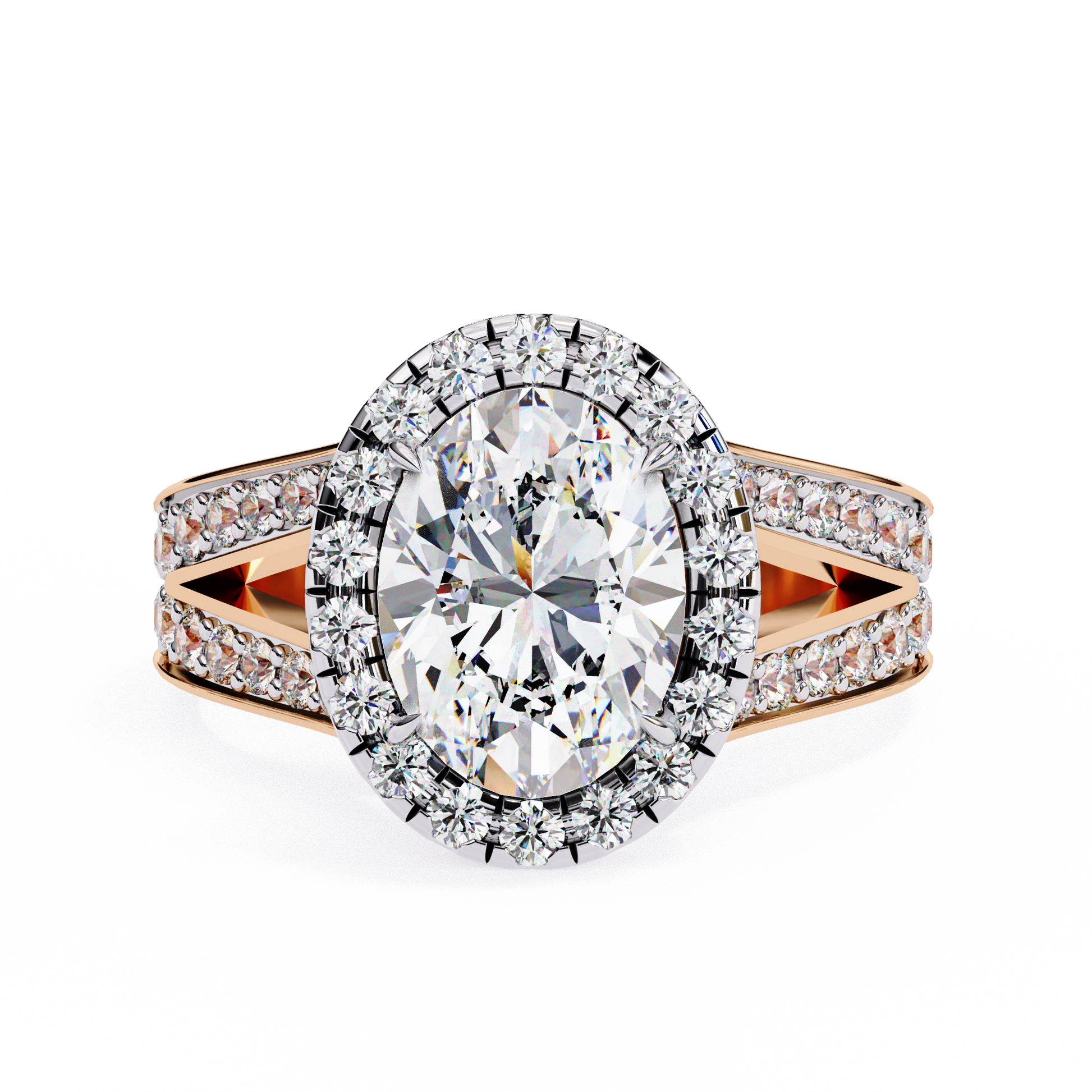 ring showcases a spectacular Oval Diamond encircled by a shimmering halo
