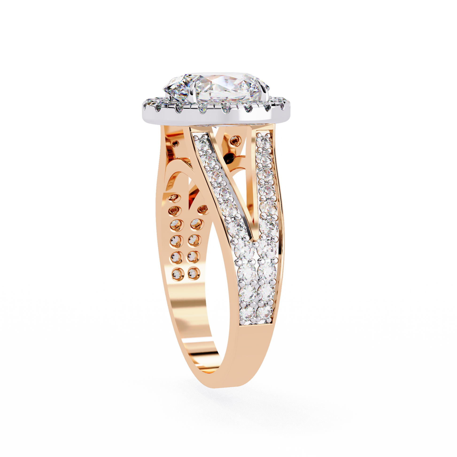 ring showcases a spectacular Oval Diamond encircled by a shimmering halo