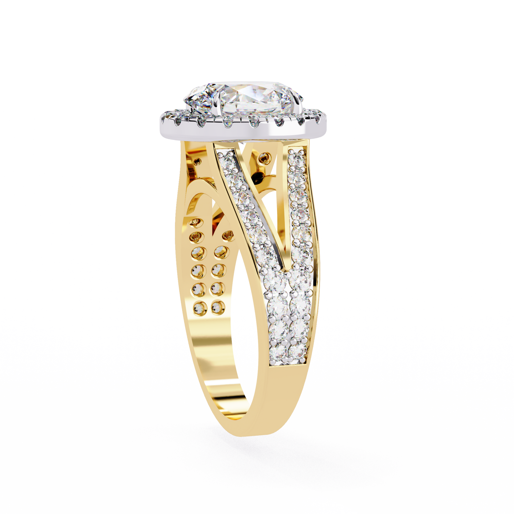 ring showcases a spectacular Oval Diamond encircled by a shimmering halo