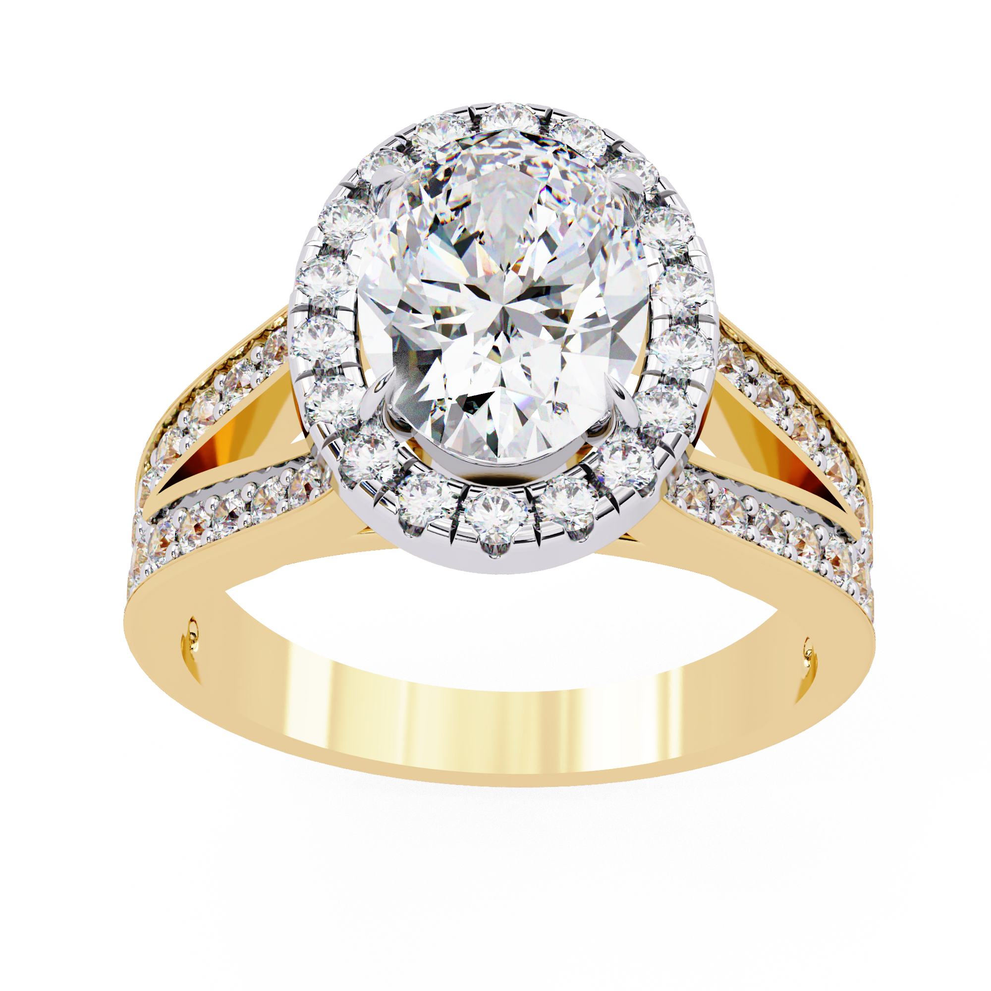 ring showcases a spectacular Oval Diamond encircled by a shimmering halo