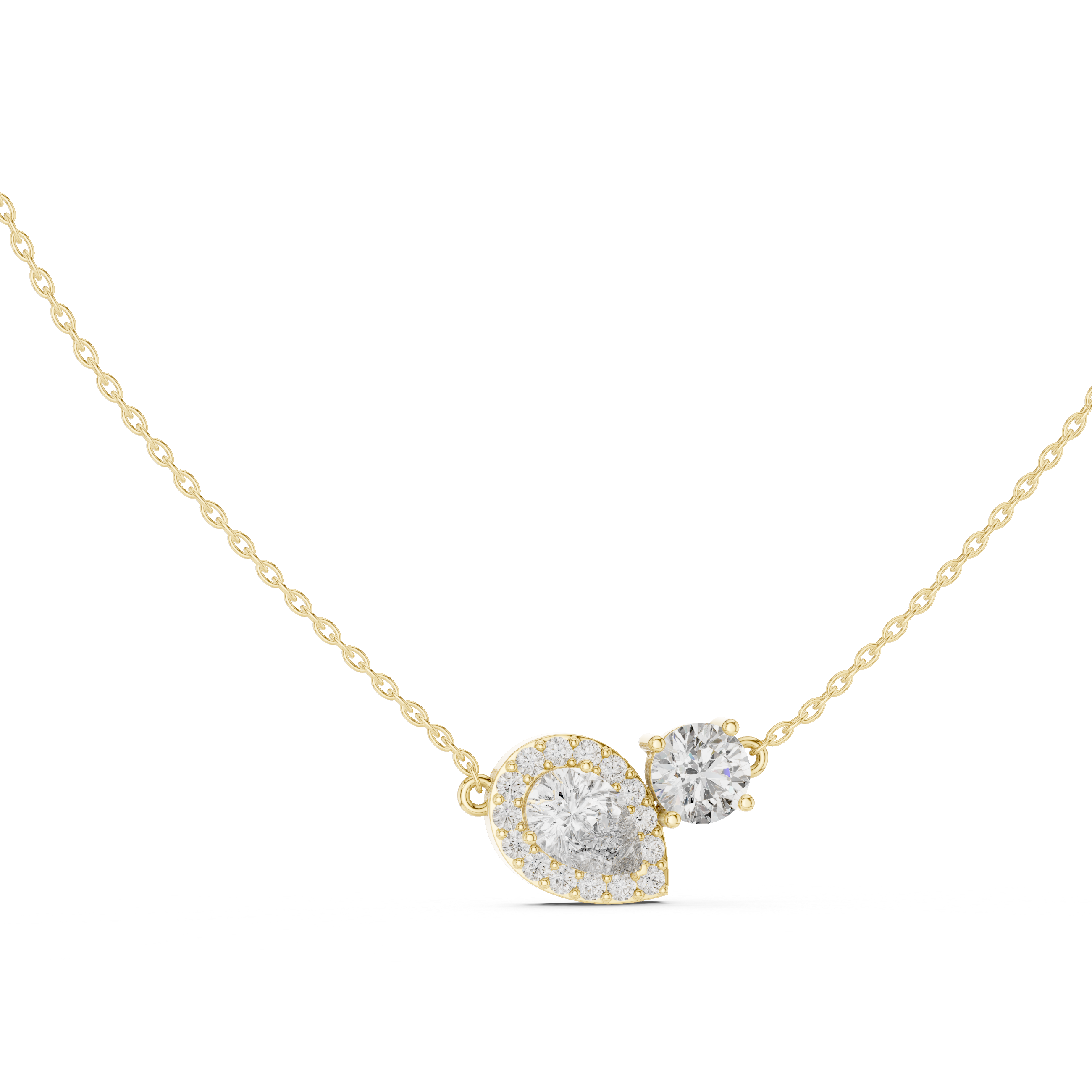 upside-down Pear diamond framed by a shimmering halo, paired elegantly with a brilliant Round diamond