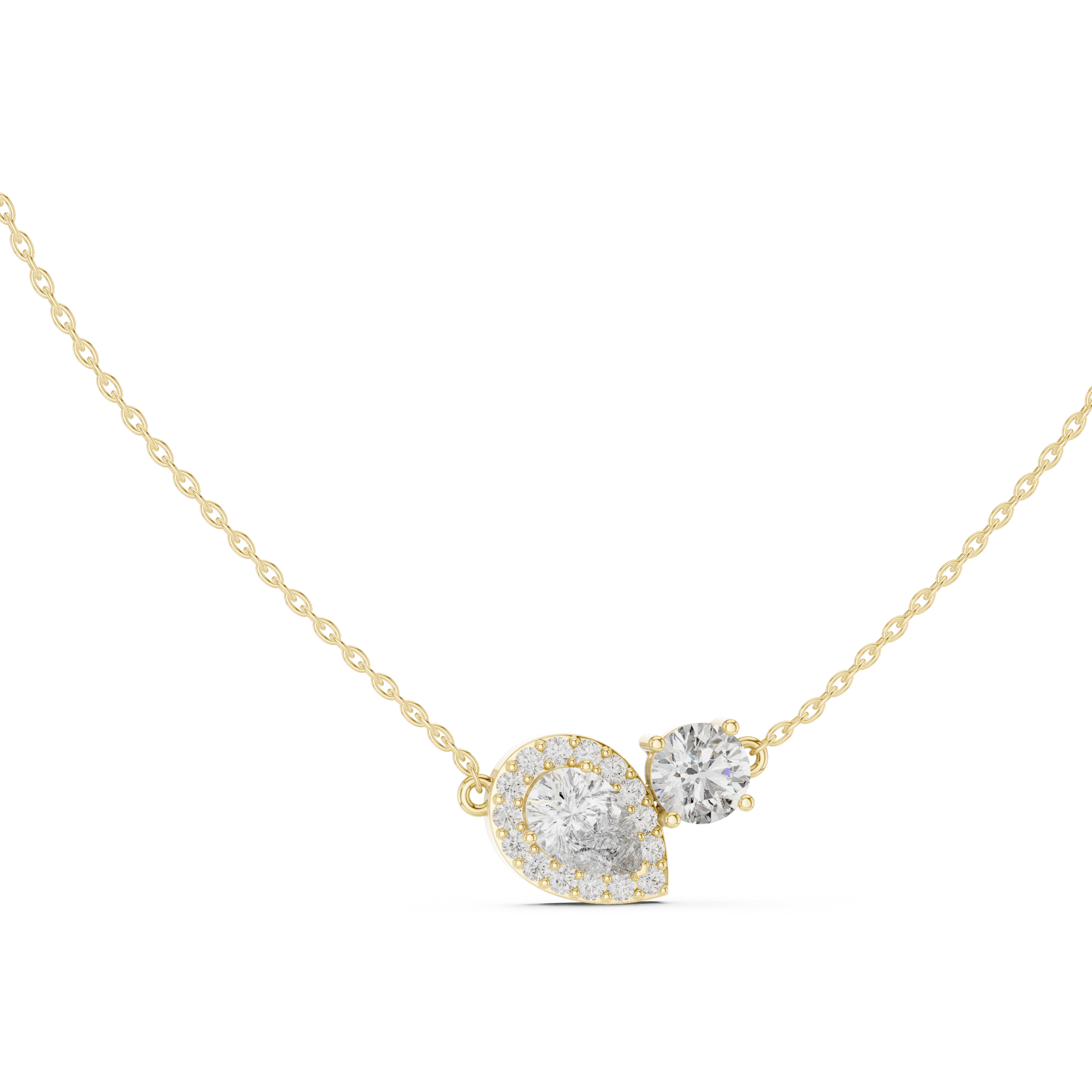 upside-down Pear diamond framed by a shimmering halo, paired elegantly with a brilliant Round diamond