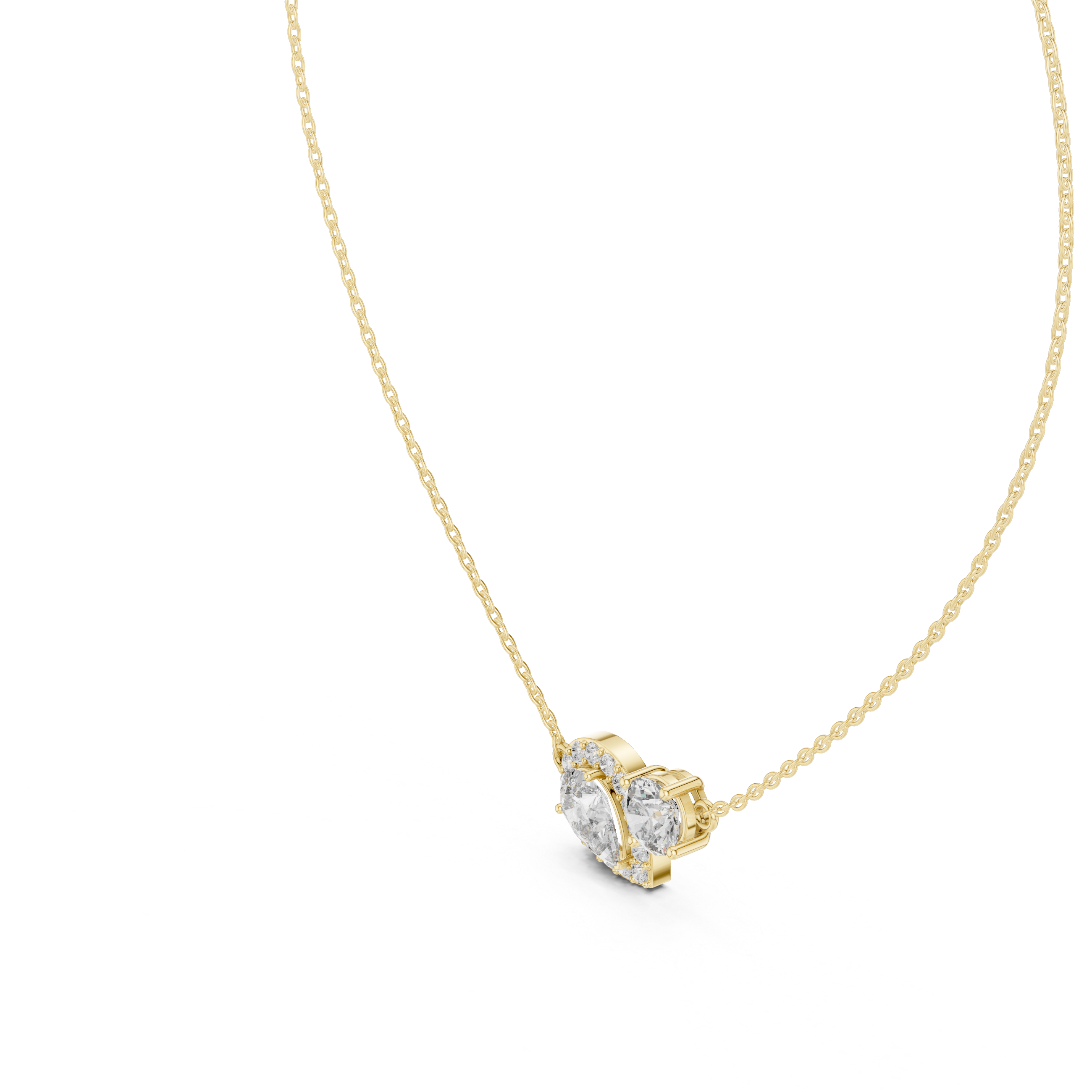 upside-down Pear diamond framed by a shimmering halo, paired elegantly with a brilliant Round diamond