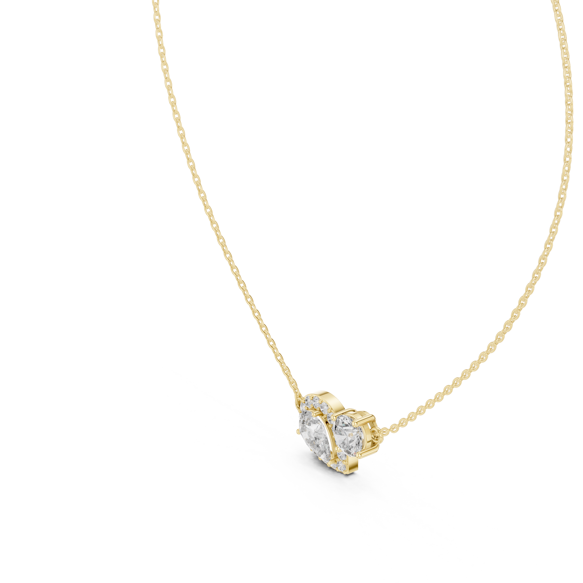 upside-down Pear diamond framed by a shimmering halo, paired elegantly with a brilliant Round diamond