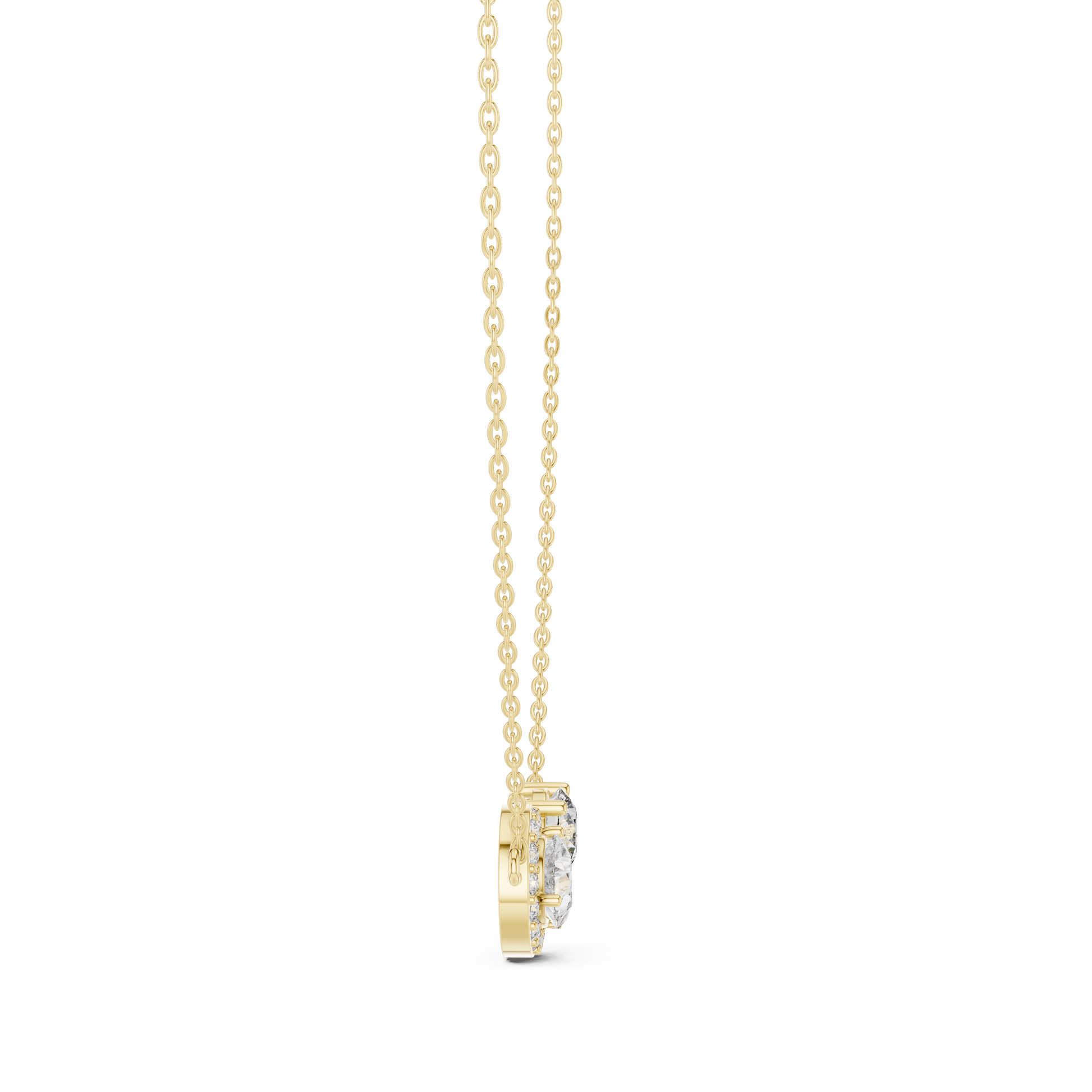 upside-down Pear diamond framed by a shimmering halo, paired elegantly with a brilliant Round diamond