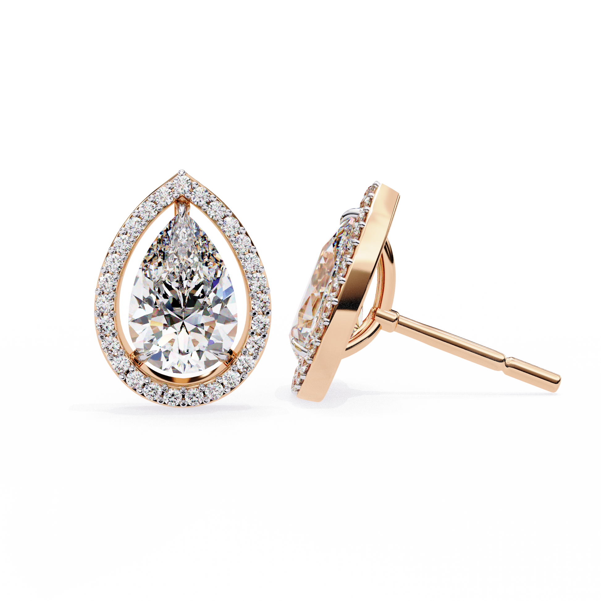 Teardrop-shaped diamond earrings with rose gold setting on a white background