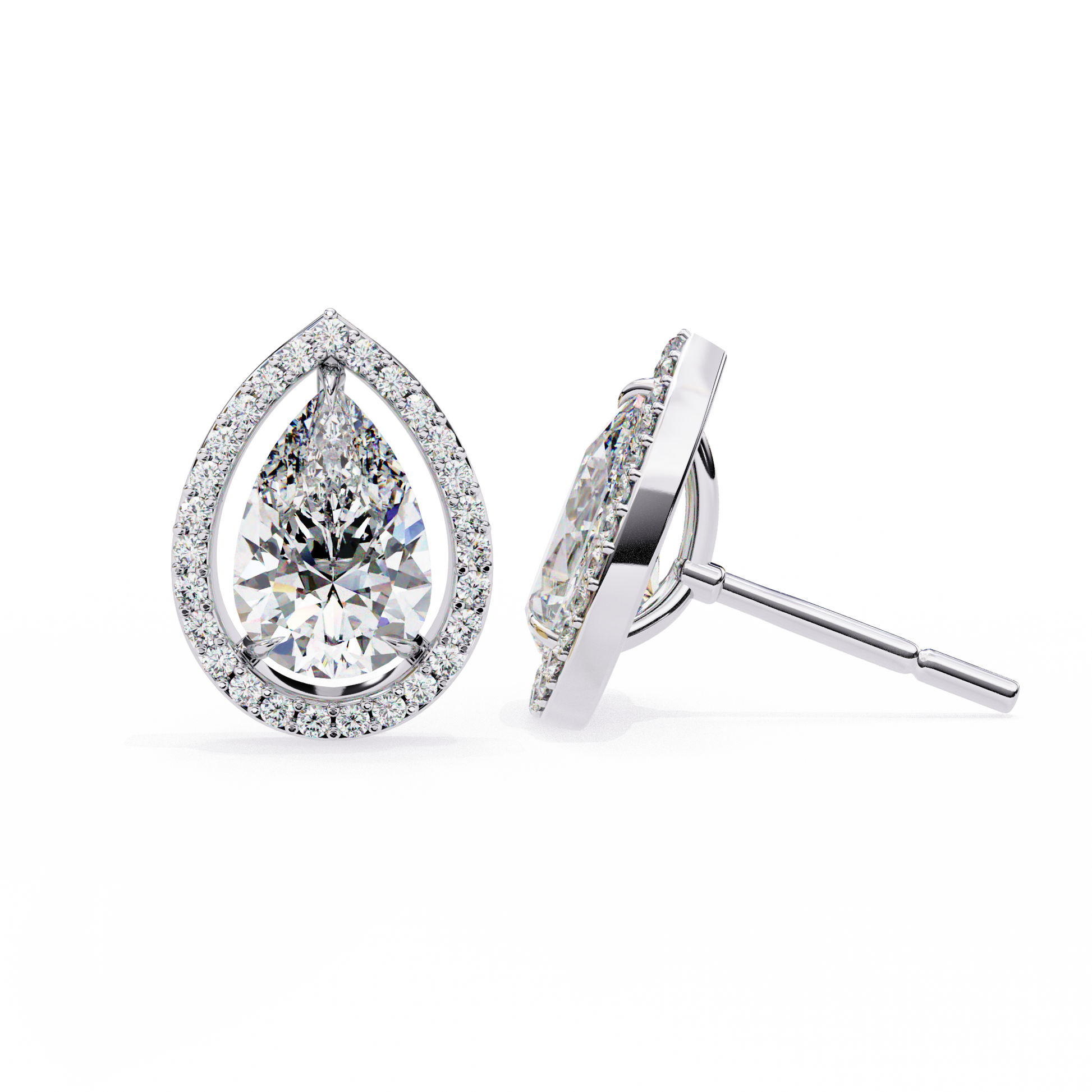 Teardrop-shaped diamond earrings on a white background