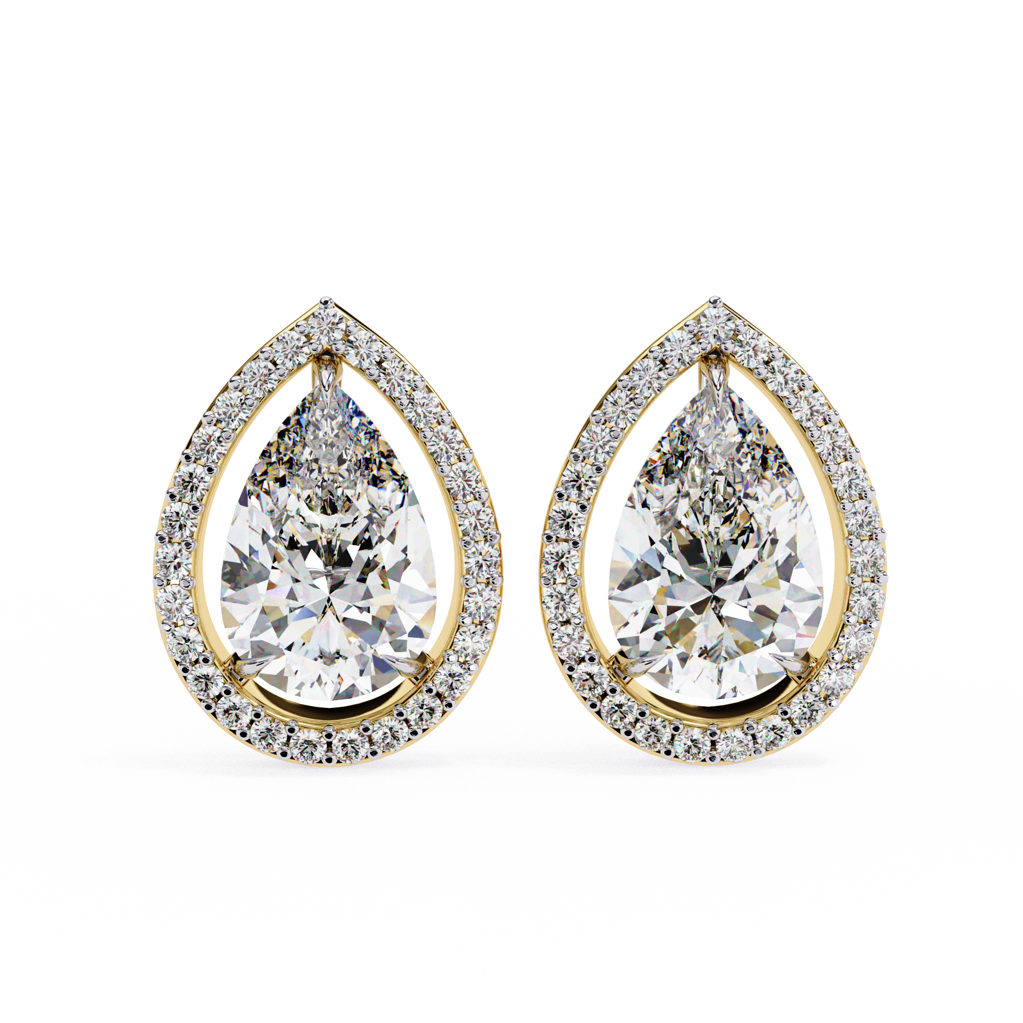 Teardrop-shaped diamond earrings with gold and clear gemstones on a white background