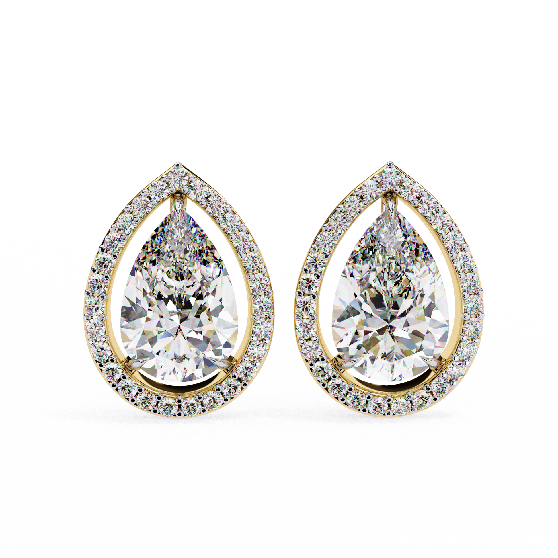Teardrop-shaped diamond earrings with gold and clear gemstones on a white background