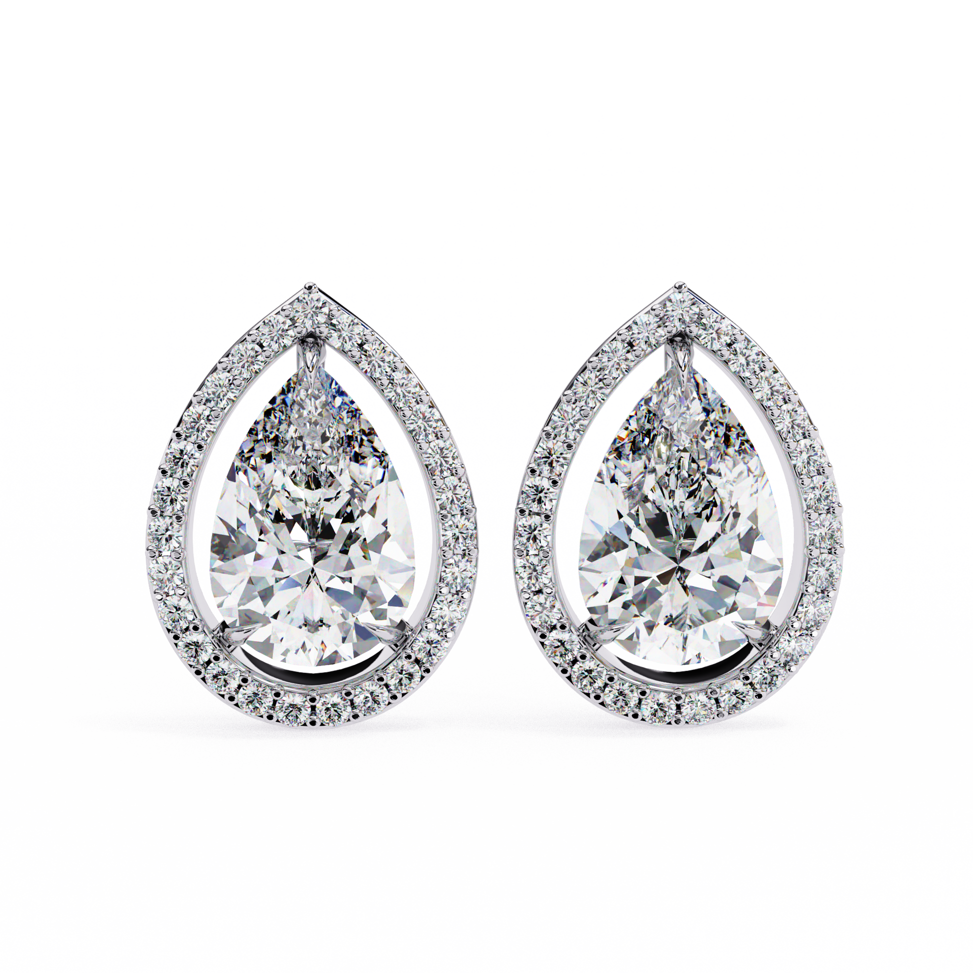 Teardrop-shaped diamond earrings on a white background