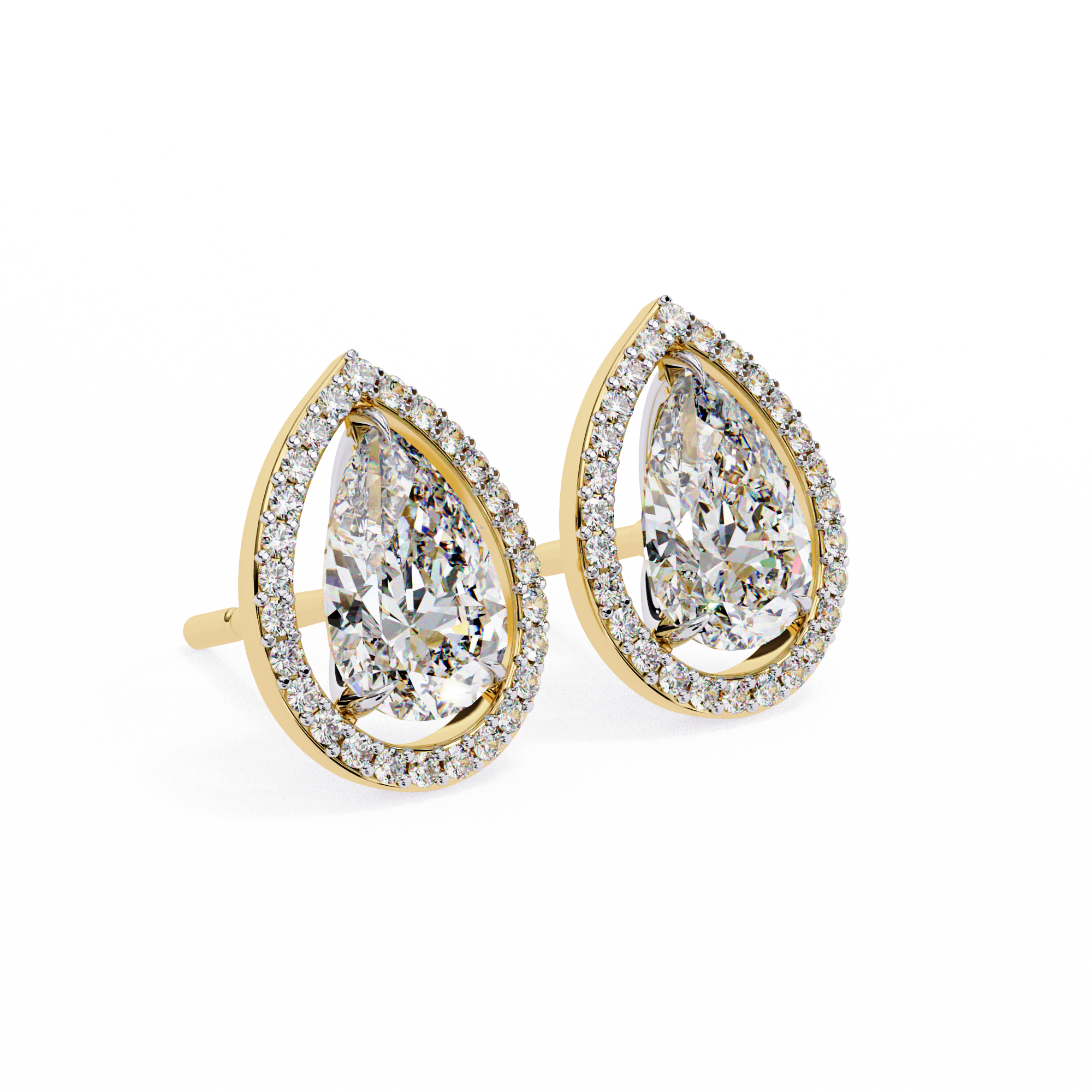 Teardrop-shaped diamond earrings with gold and clear gemstones on a white background