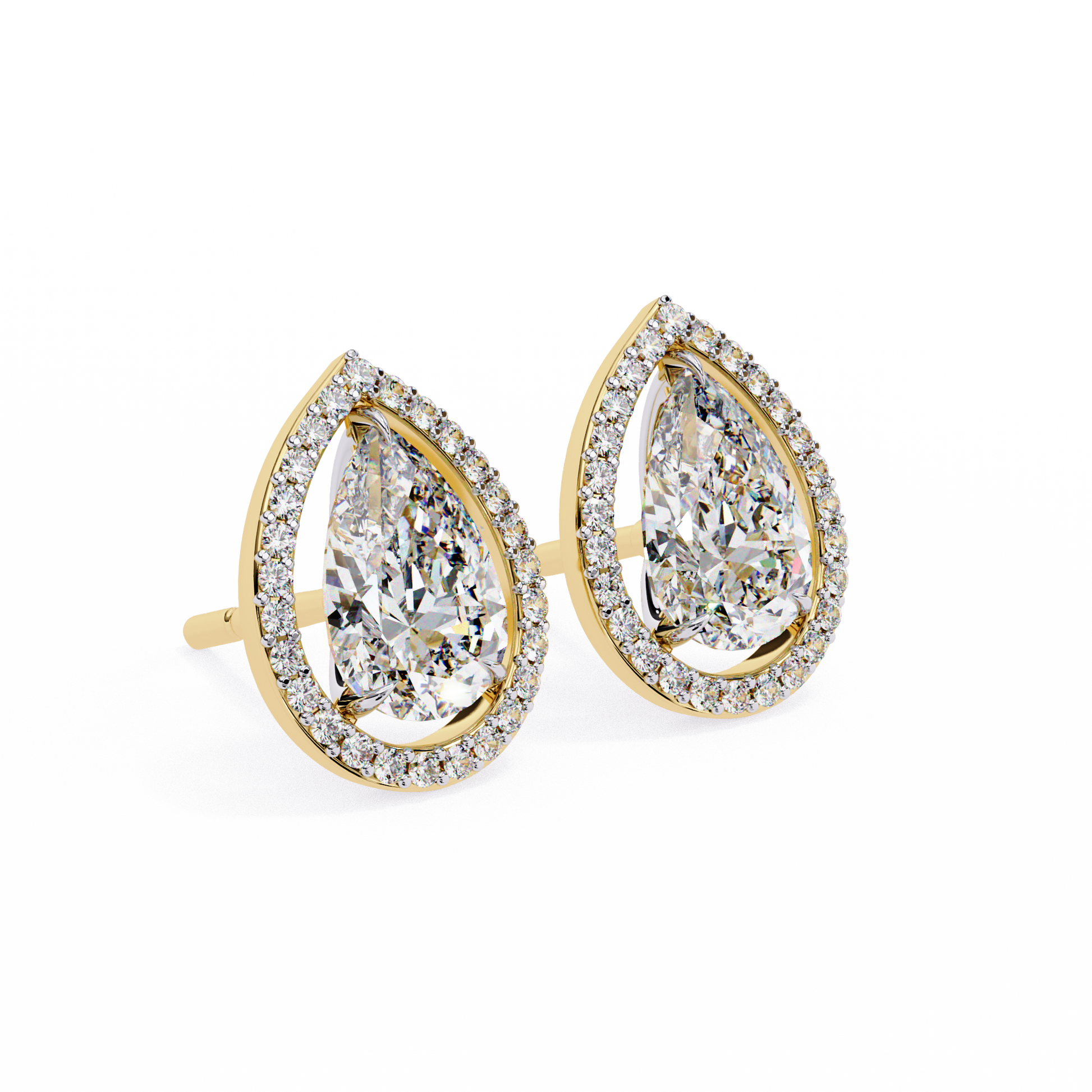 Teardrop-shaped diamond earrings with gold and clear gemstones on a white background