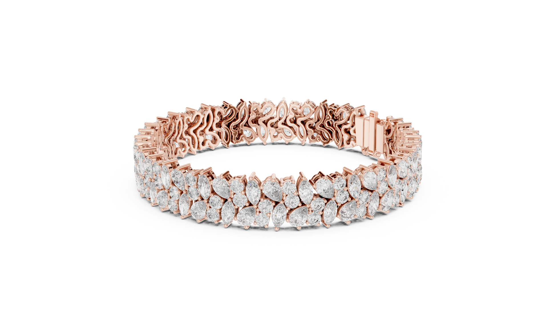Rose Gold bracelet with pear and marquise diamonds on a white background