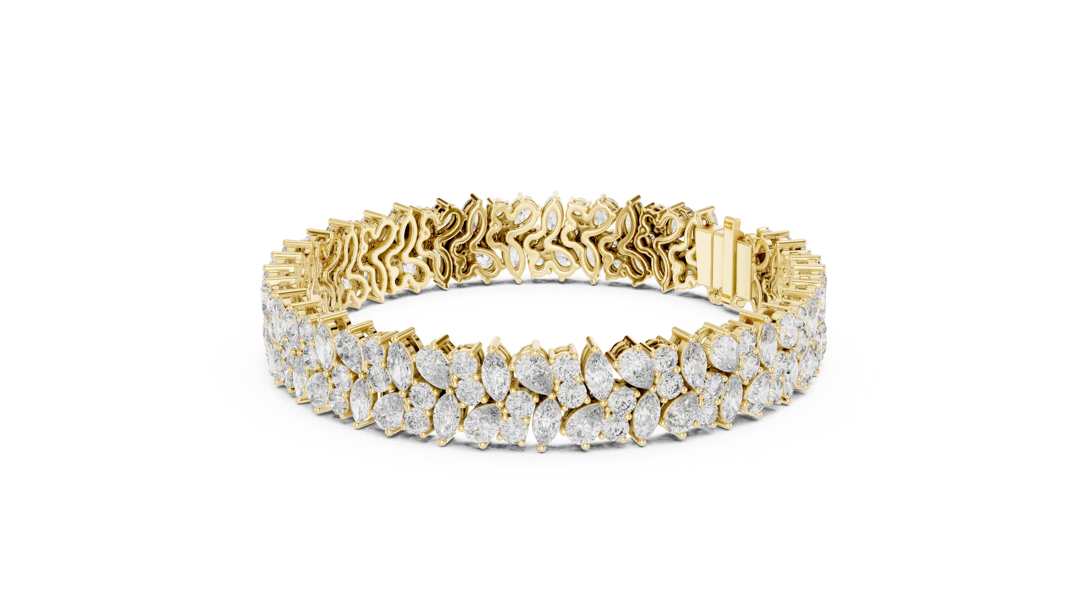Gold bracelet with pear and marquise diamonds on a white background