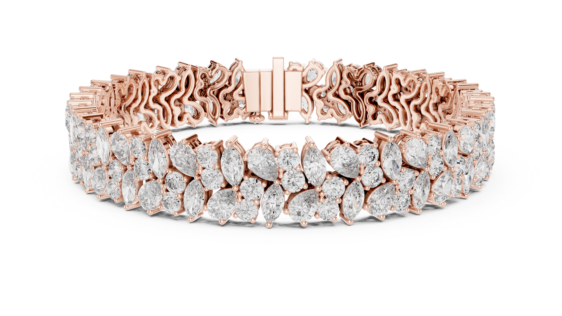 Rose gold bracelet with diamond accents on a white background