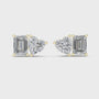 Diamond earrings with emerald-cut and heart-shaped stones on a white background