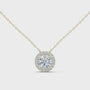 Gold necklace with a round diamond pendant on a white background