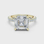 Gold ring with a large asscher diamond and smaller diamonds on the band against a white background