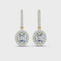 Oval Diamond Halo Drop Earrings. Crafted in radiant 18K Gold, a brilliant Oval-Cut Diamond is framed by a luminous pavé halo, maximising its size and fire