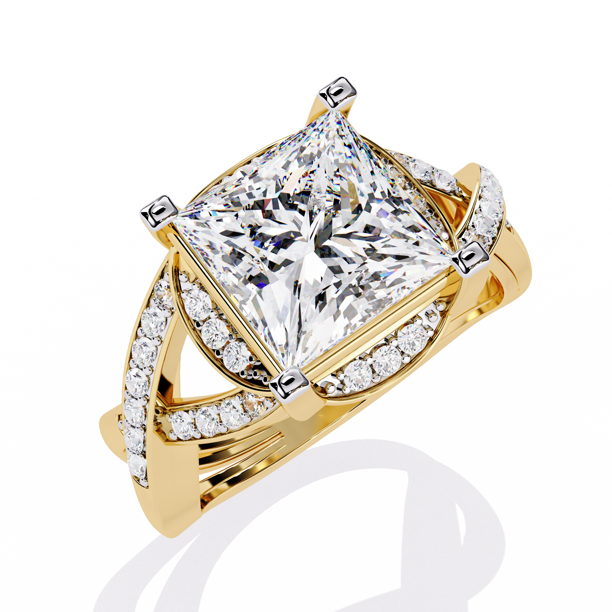 ring showcases a magnificent Princess-cut solitaire encircled by a shimmering Pavé halo