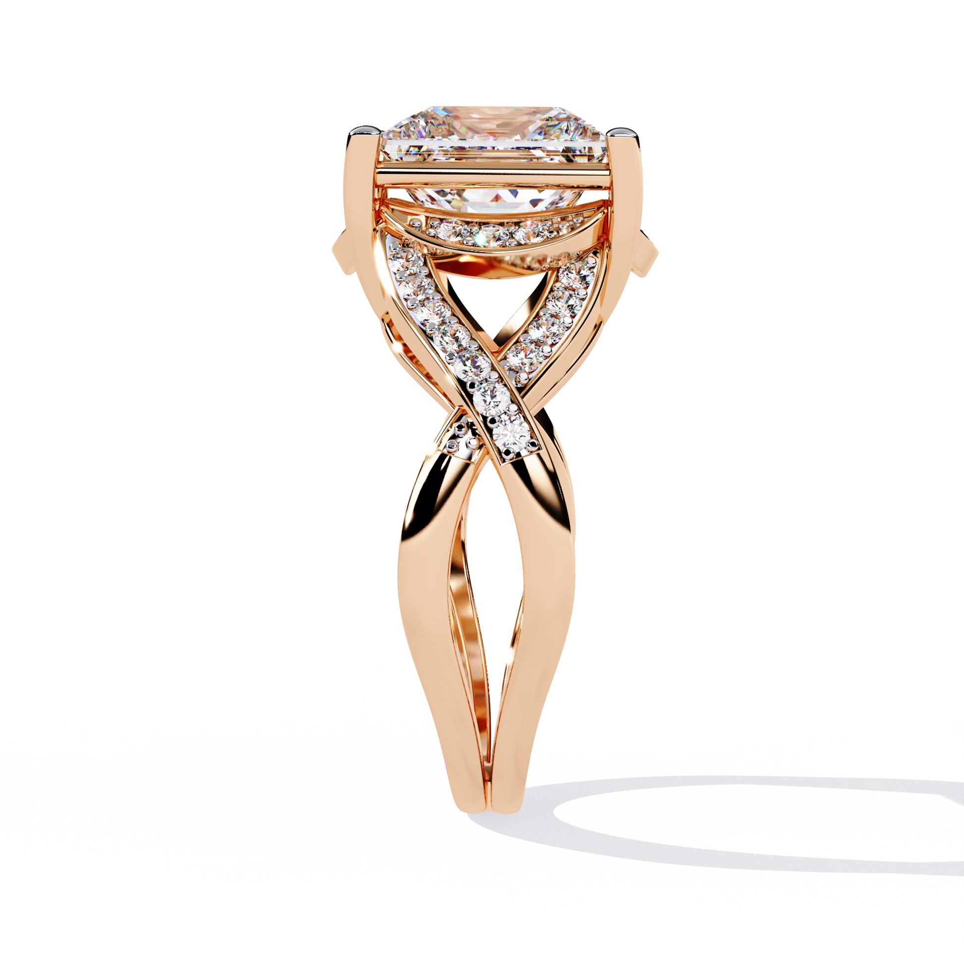 ring showcases a magnificent Princess-cut solitaire encircled by a shimmering Pavé halo