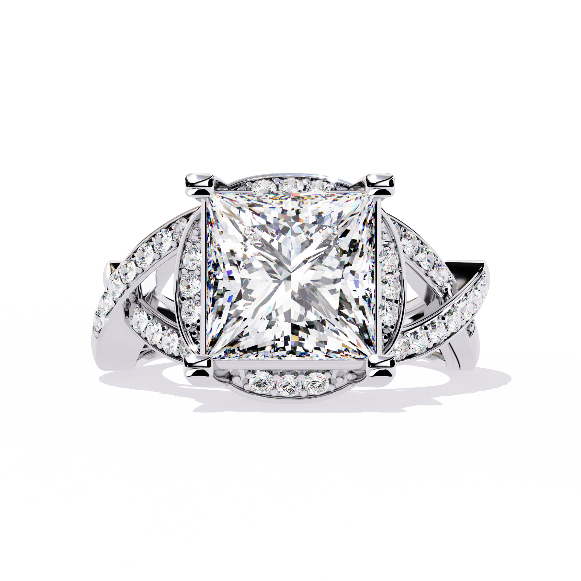 ring showcases a magnificent Princess-cut solitaire encircled by a shimmering Pavé halo