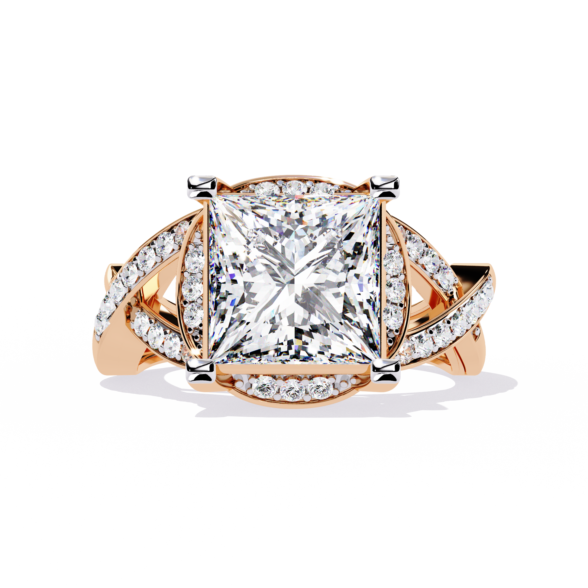 ring showcases a magnificent Princess-cut solitaire encircled by a shimmering Pavé halo