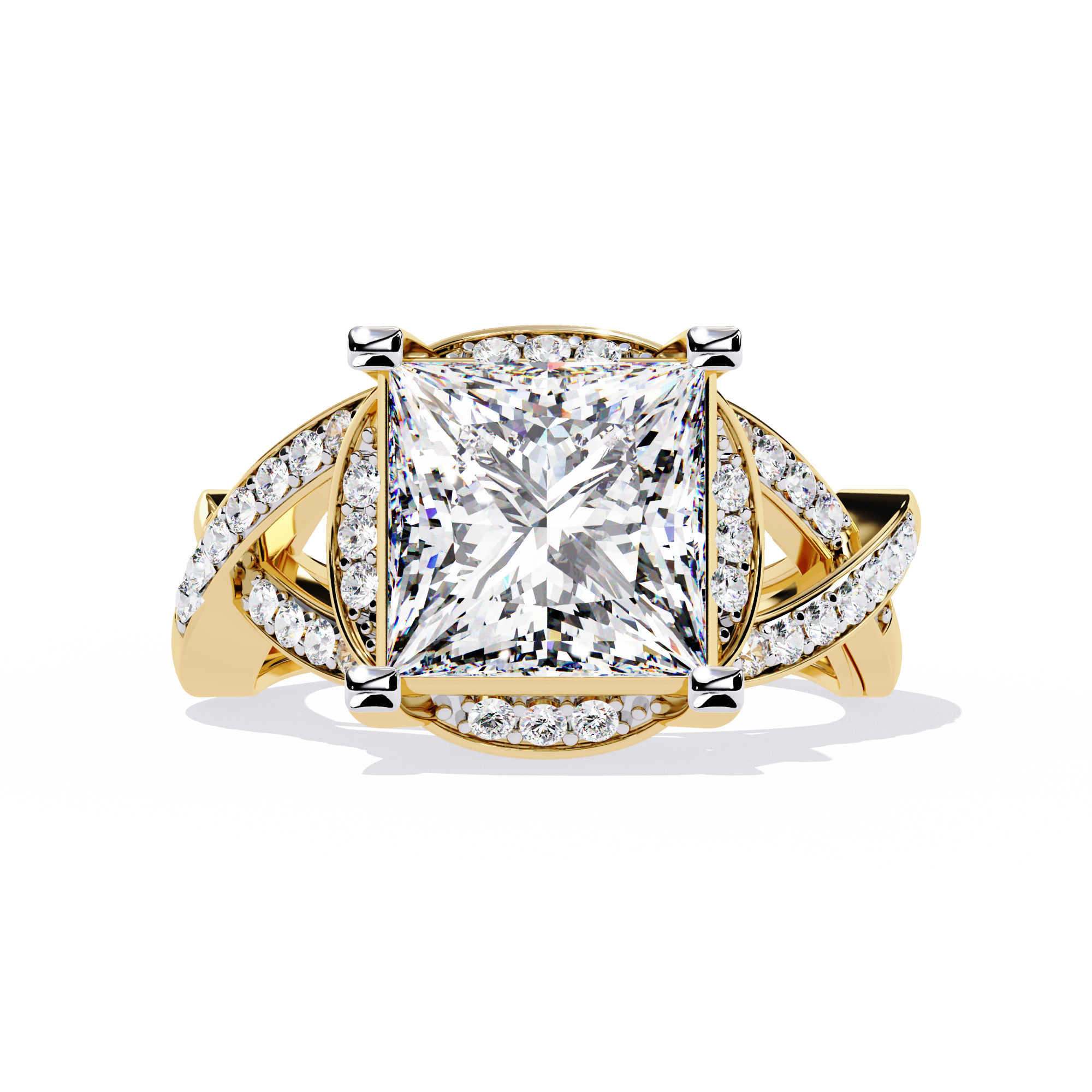 ring showcases a magnificent Princess-cut solitaire encircled by a shimmering Pavé halo