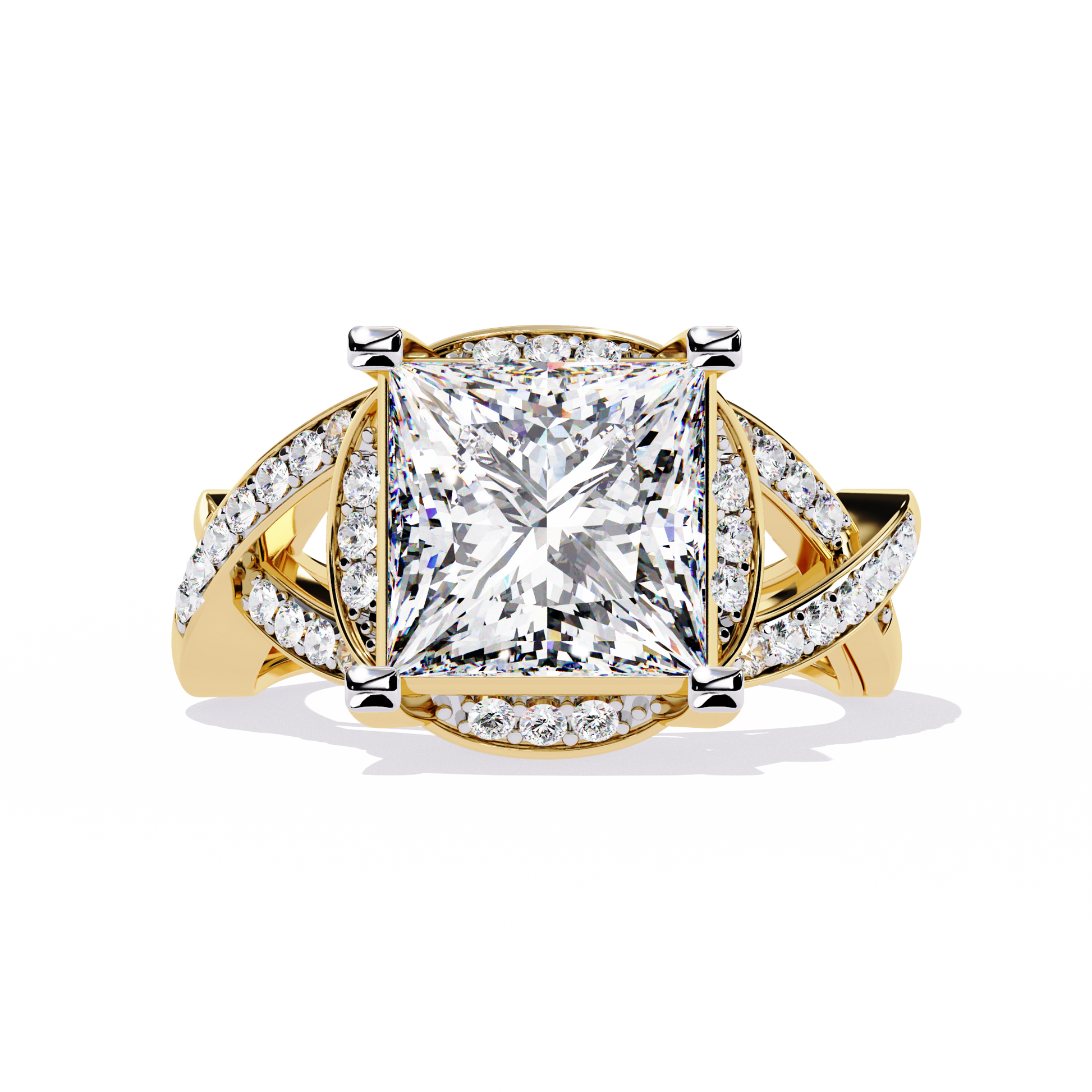 ring showcases a magnificent Princess-cut solitaire encircled by a shimmering Pavé halo