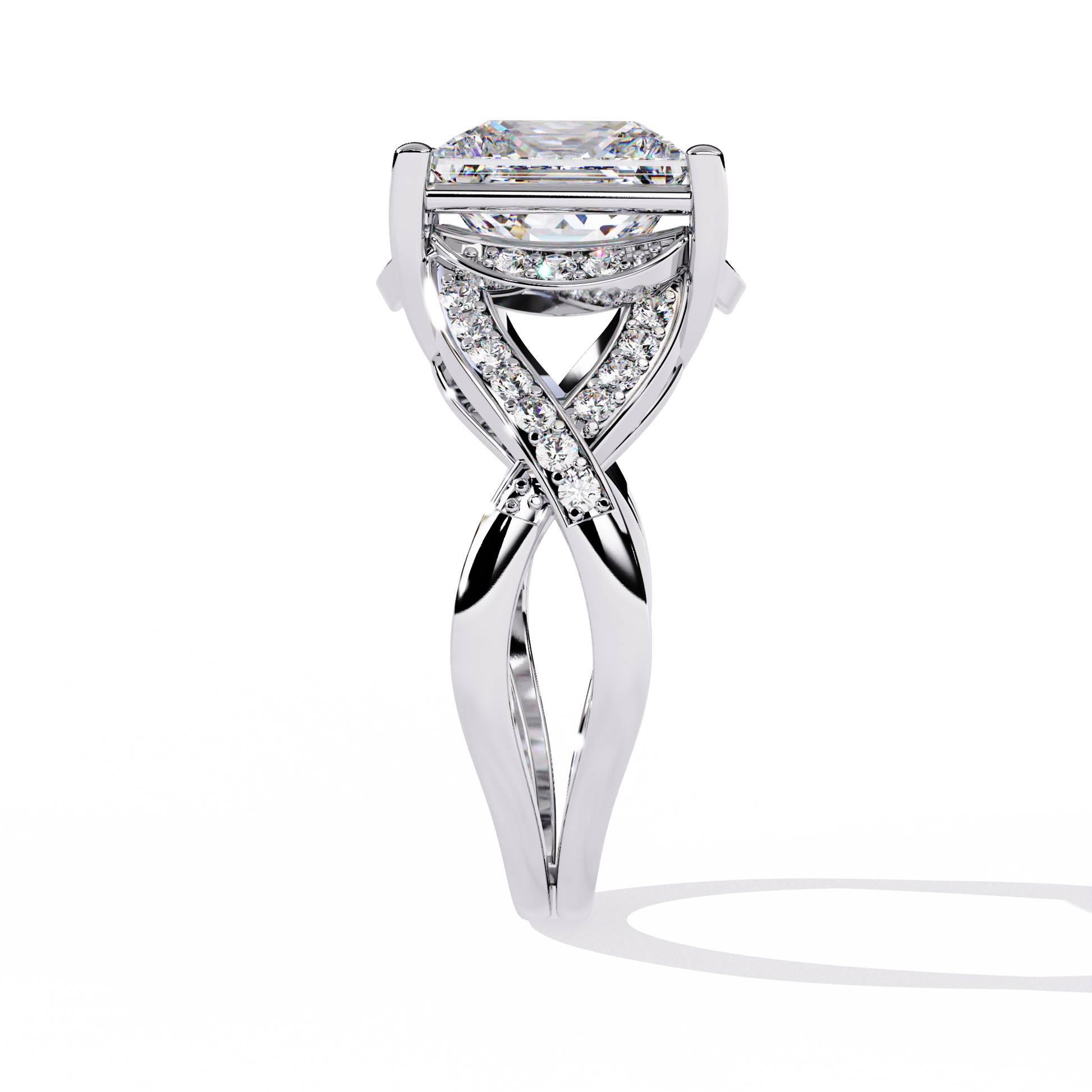 ring showcases a magnificent Princess-cut solitaire encircled by a shimmering Pavé halo