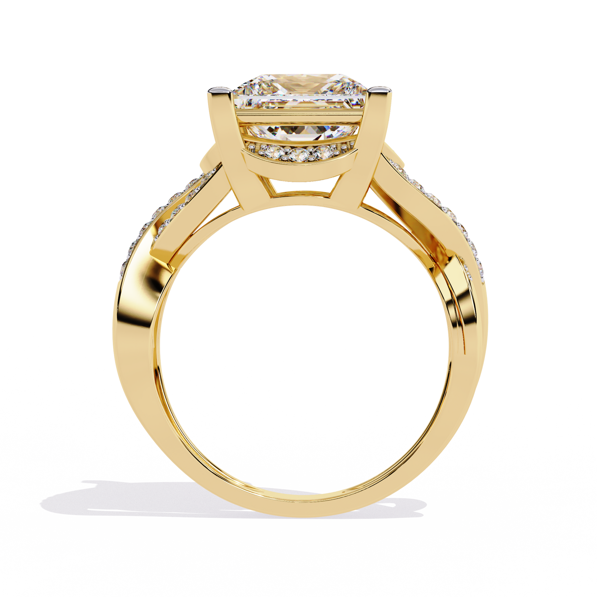 ring showcases a magnificent Princess-cut solitaire encircled by a shimmering Pavé halo