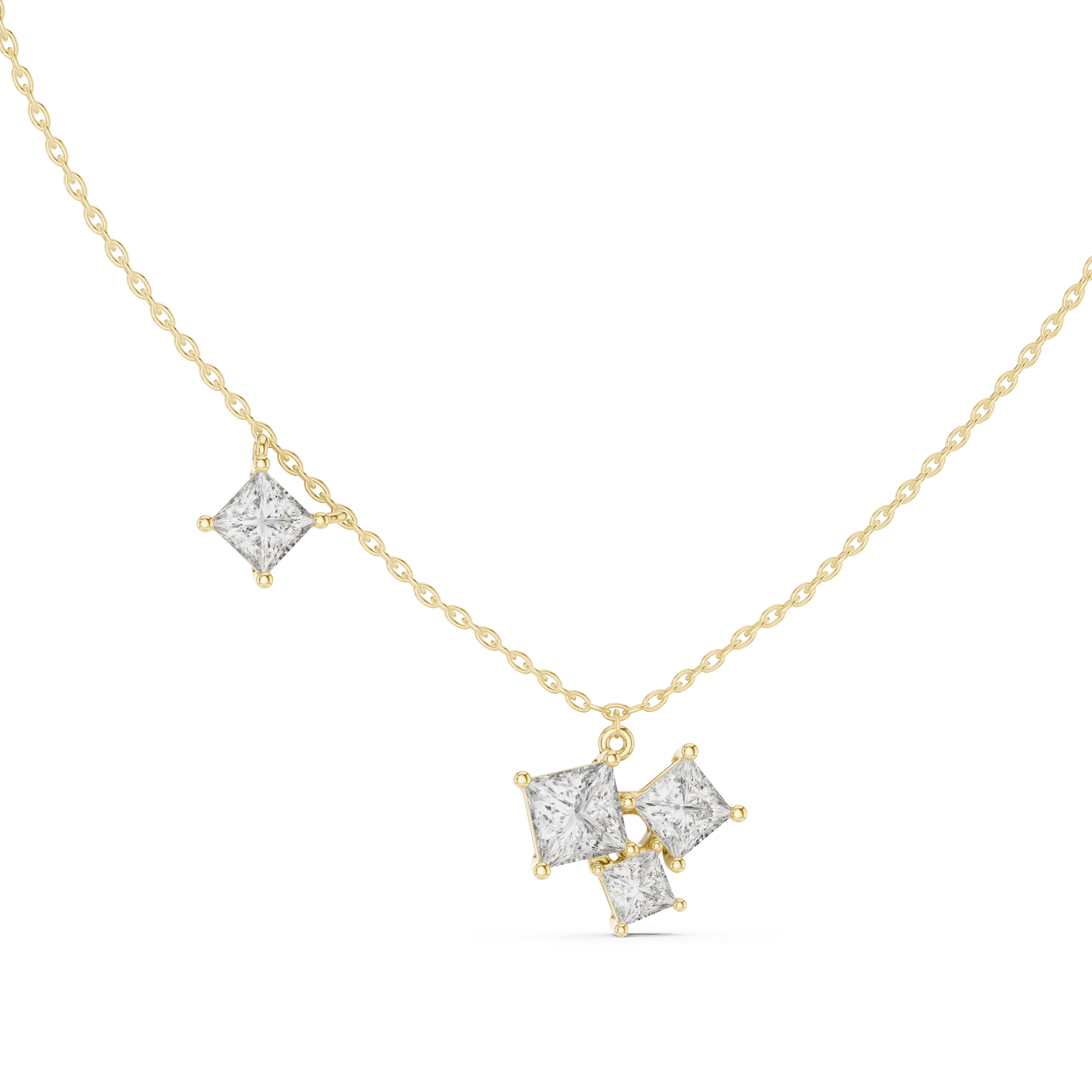 This pendant features a dynamic cluster of three Princess-cut diamonds meticulously arranged in an asymmetrical composition