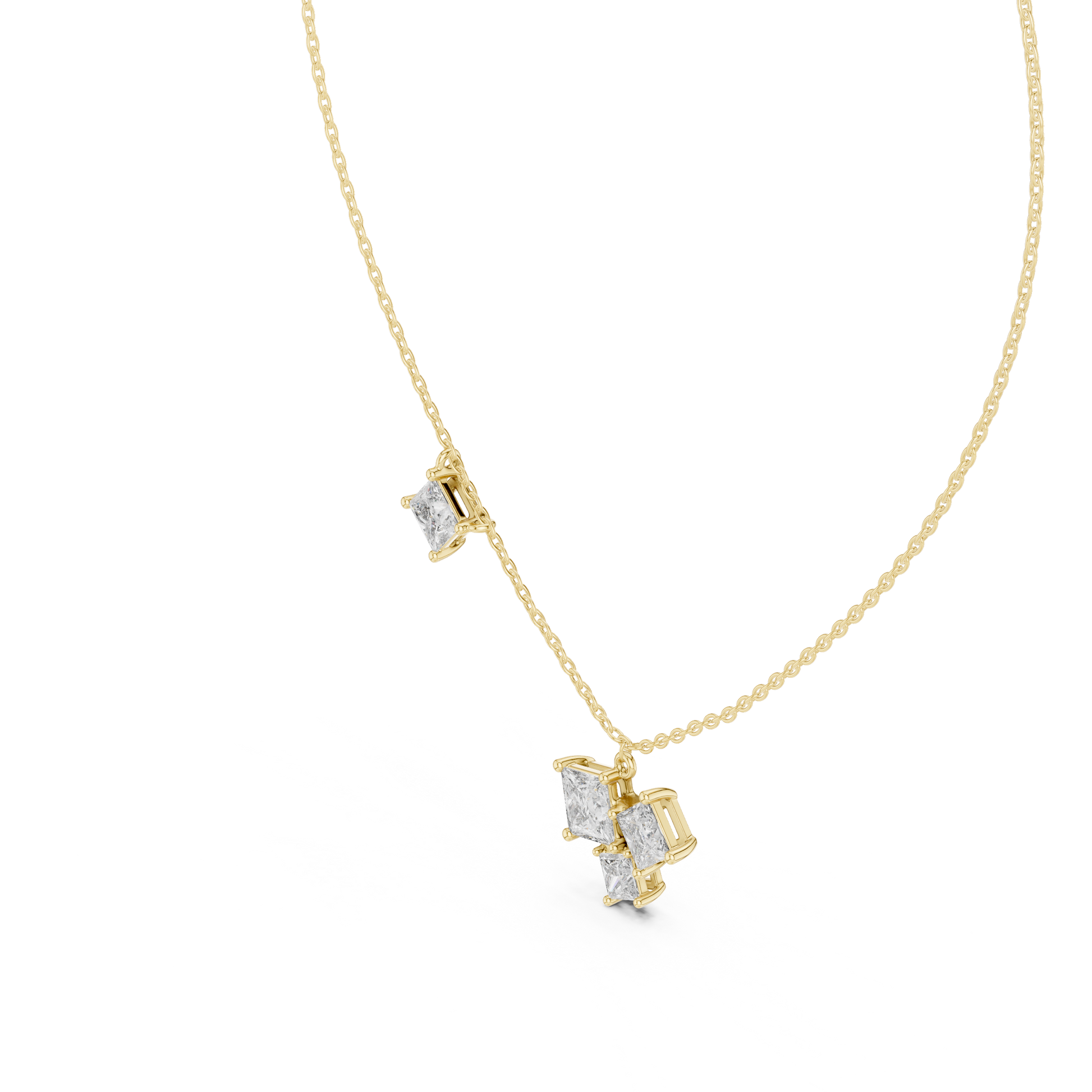 This pendant features a dynamic cluster of three Princess-cut diamonds meticulously arranged in an asymmetrical composition