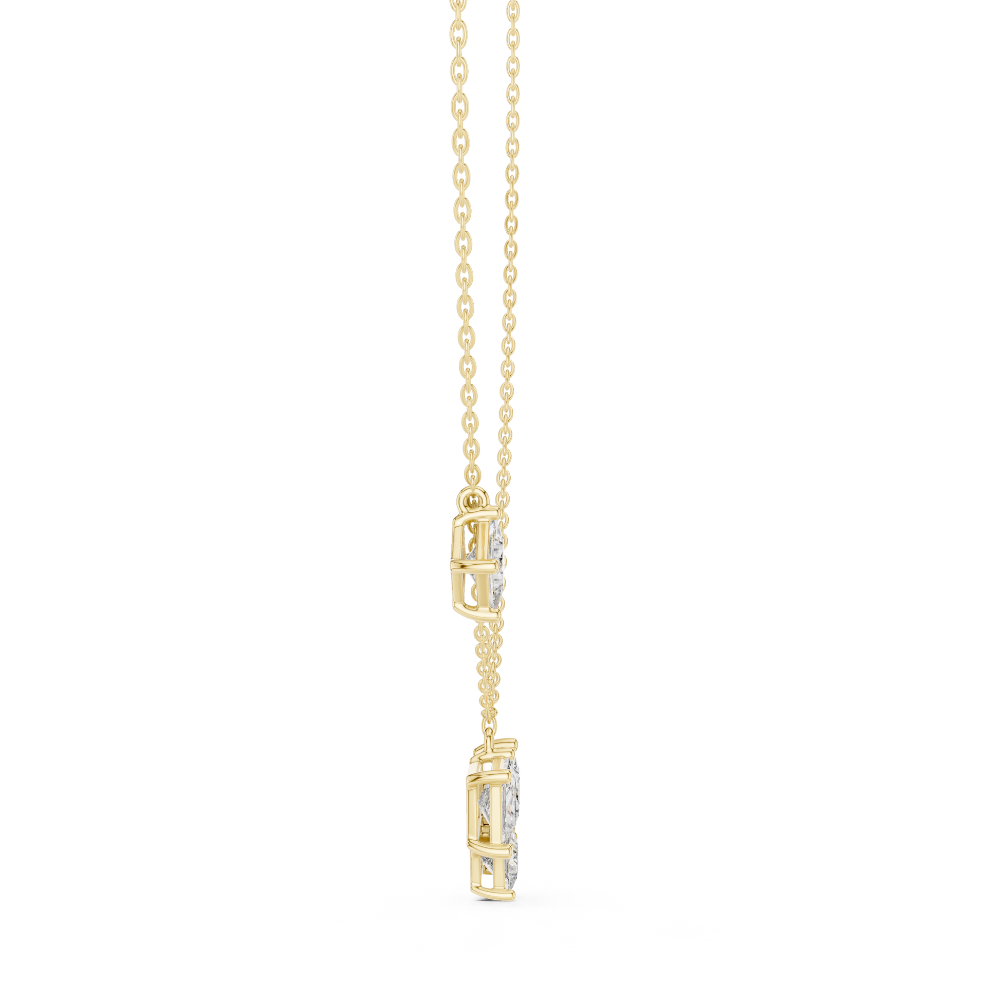 This pendant features a dynamic cluster of three Princess-cut diamonds meticulously arranged in an asymmetrical composition