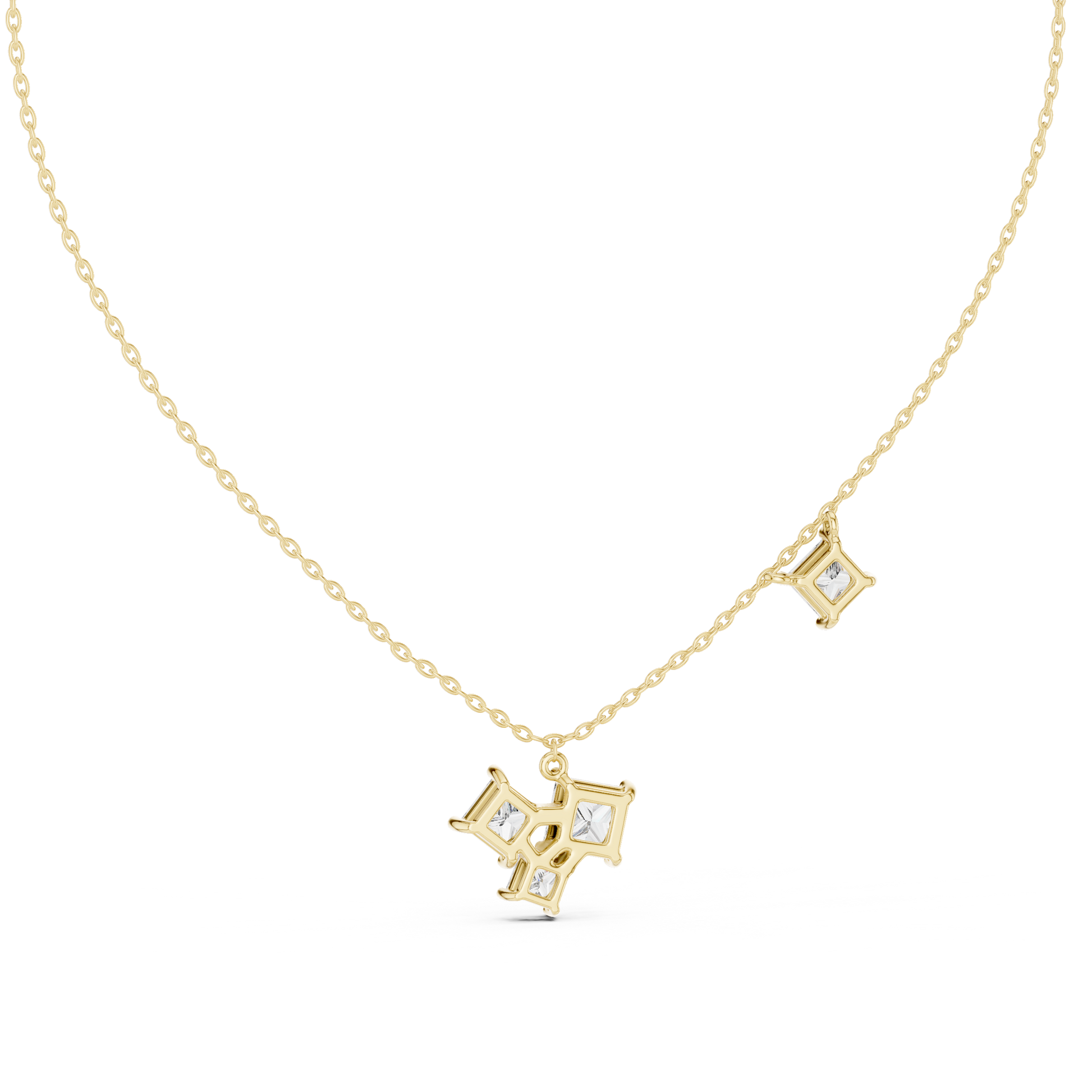 This pendant features a dynamic cluster of three Princess-cut diamonds meticulously arranged in an asymmetrical composition