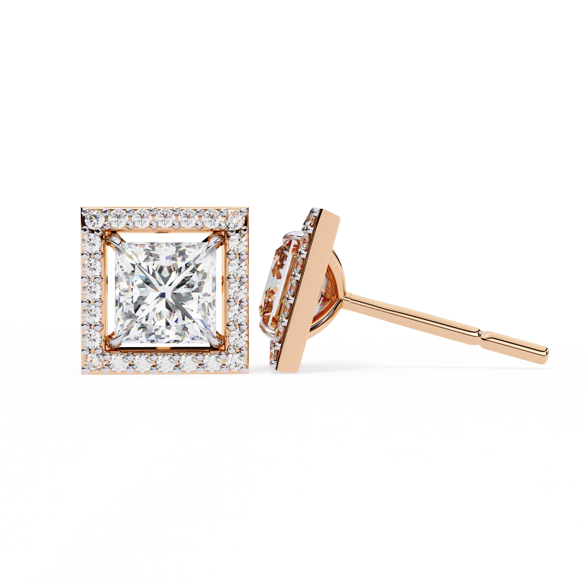 Rose gold diamond earring on a white background