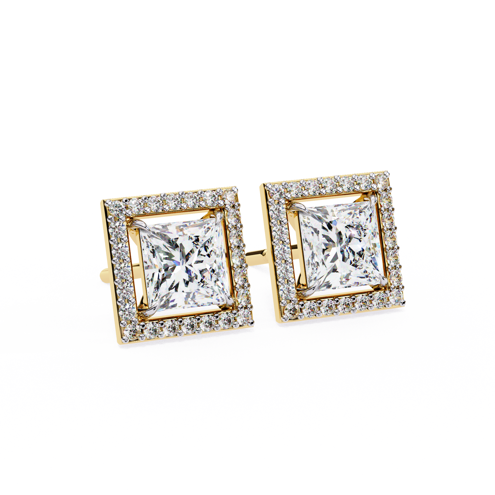 Pair of square-cut diamond earrings with gold frames on a white background