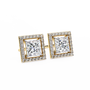 Pair of square-cut diamond earrings with gold frames on a white background