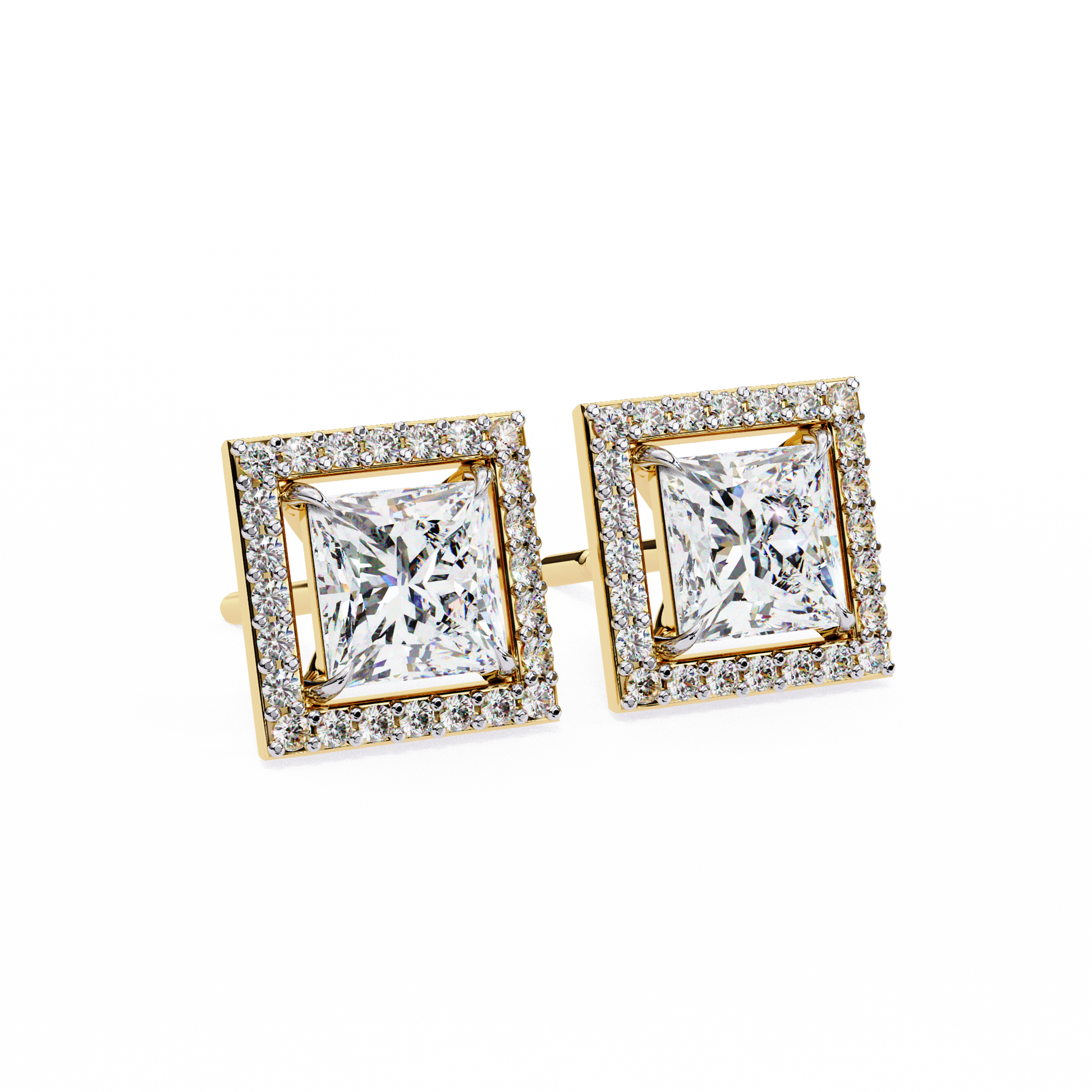 Pair of square-cut diamond earrings with gold frames on a white background