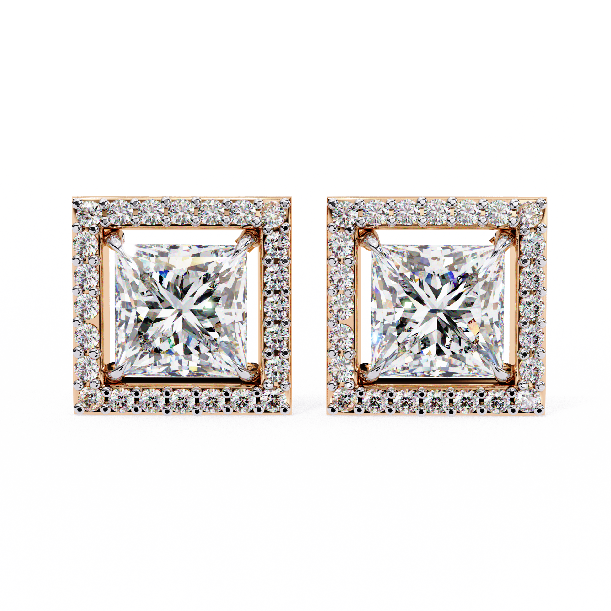 Pair of square-shaped diamond earrings with rose gold frames on a white background