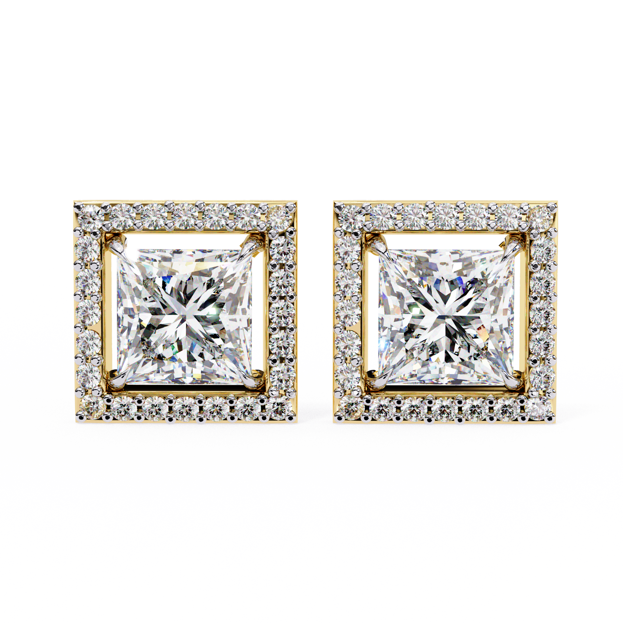 Pair of square-cut diamond earrings with gold frames on a white background